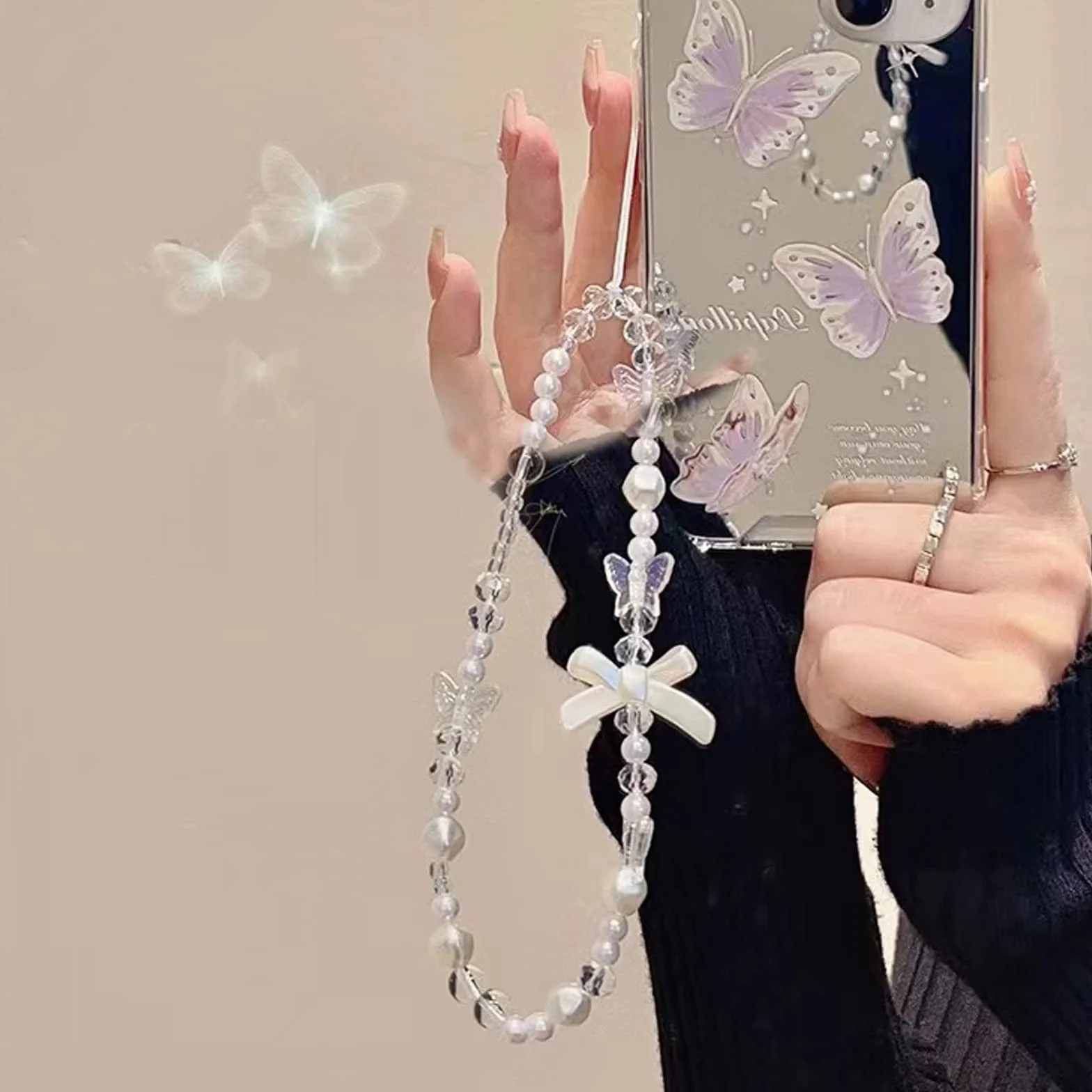 Lanière de Téléphone en Perles Rose, Chaîne Anti-Perte Cordon Portable