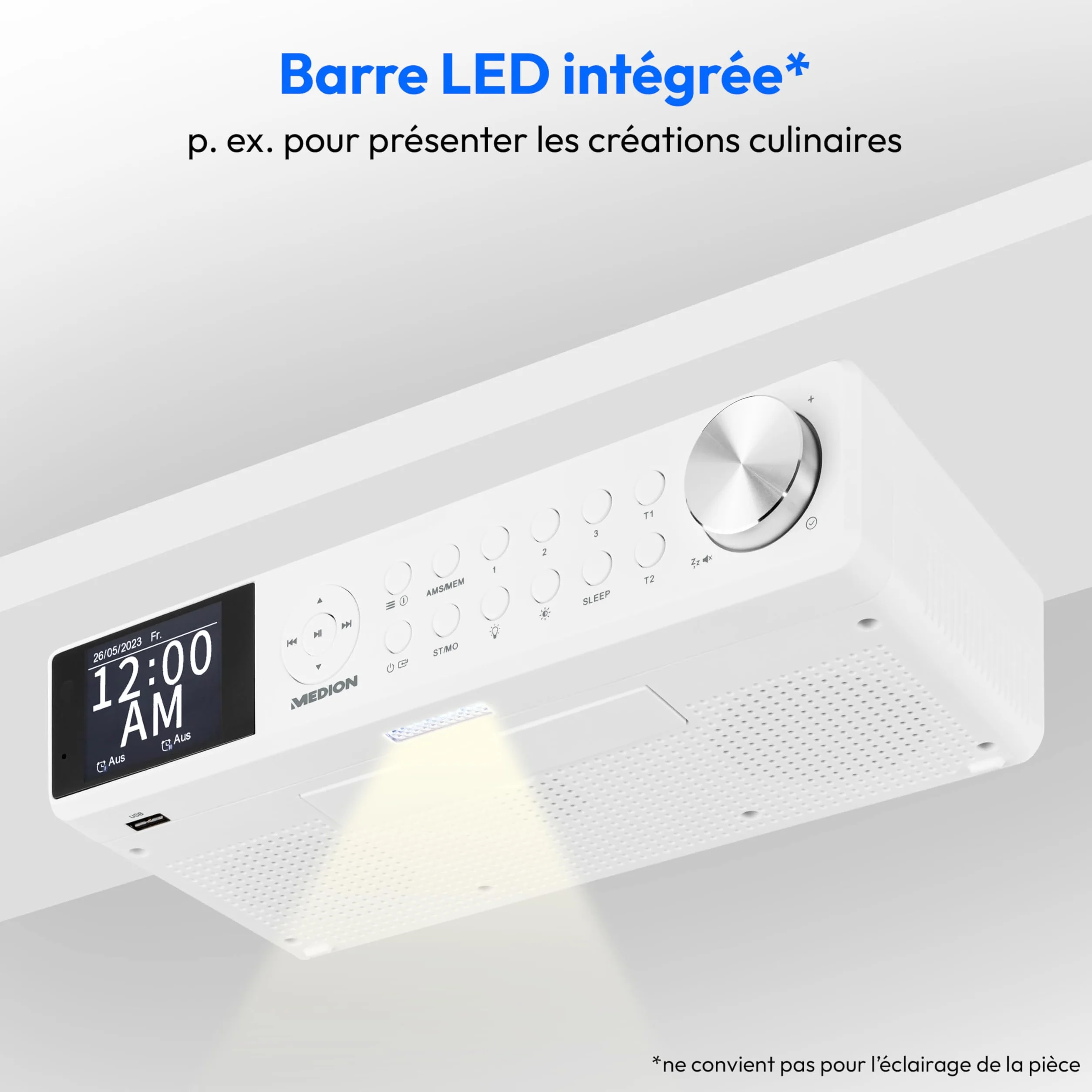 MEDION P66750 Radio de cuisine encastrable (radio de cuisine DAB+, radio FM PLL, écran couleur TFT à intensité variable, minuterie de cuisson, Bluetooth, barre LED, matériel de montage inclus), blanch