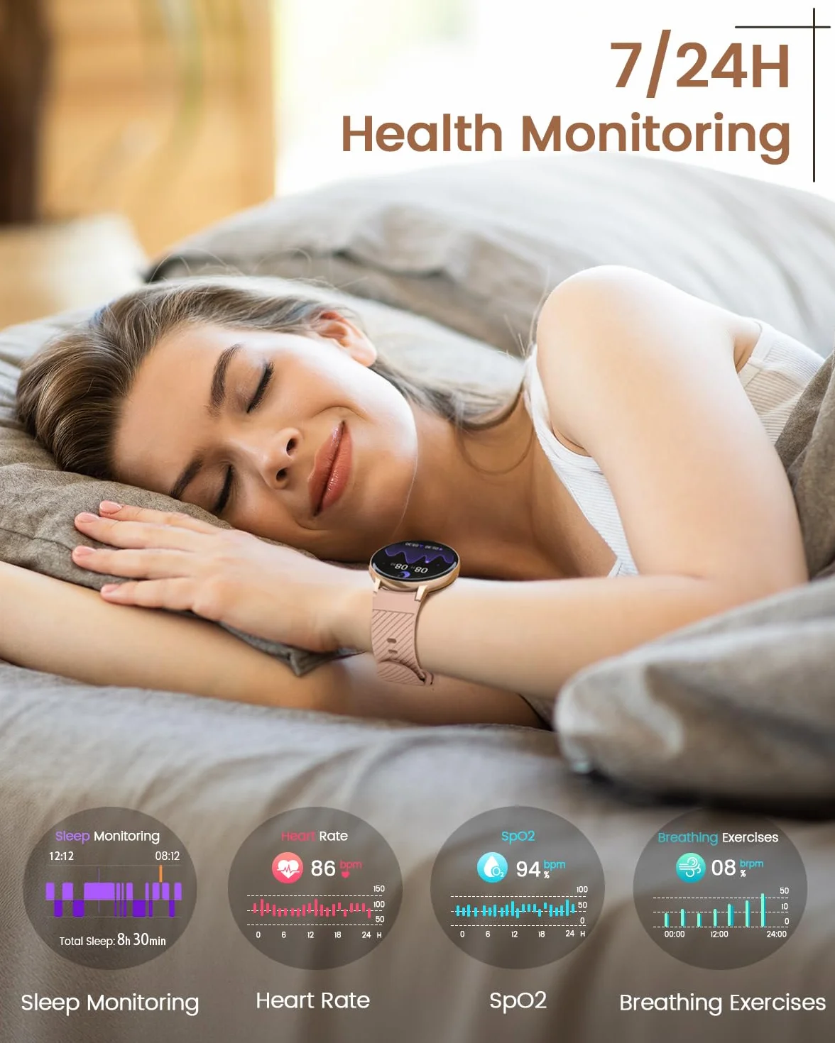 Montre Connectée Femme, 1.39" Smartwatch avec Appel Bluetooth, 24H Sommeil/Fréquence Cardiaque/SpO2 Fonction Féminine, 120+ Sportifs/IP68 Étanche Fitness Podomètre Compatible pour Android iOS, Or Rose