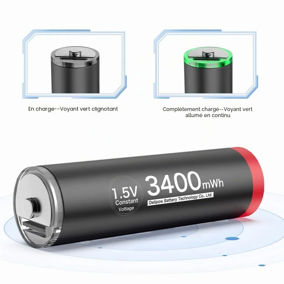 Piles Rechargeables AA 1,5V Lithium 3400mWh USB C 4 Pièces 1500 Cycles