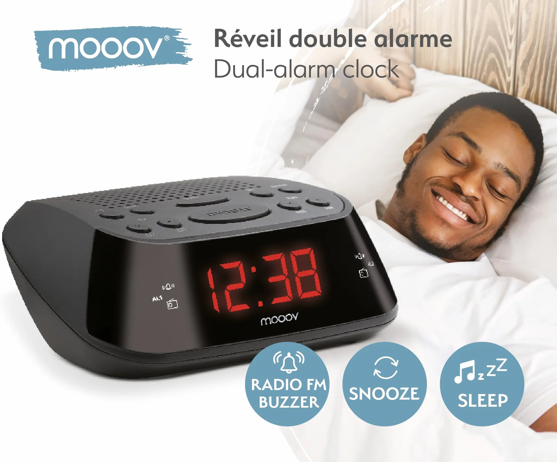 METRONIC 477003 Radio-Réveil FM Double Alarme (Programmable Radio FM ou Buzzer) avec Grand Ecran Affichage Rouge, Fonction Snooze, Alimentation Secteur + Sauvegarde Piles, Simple d'Utilisation - Noir