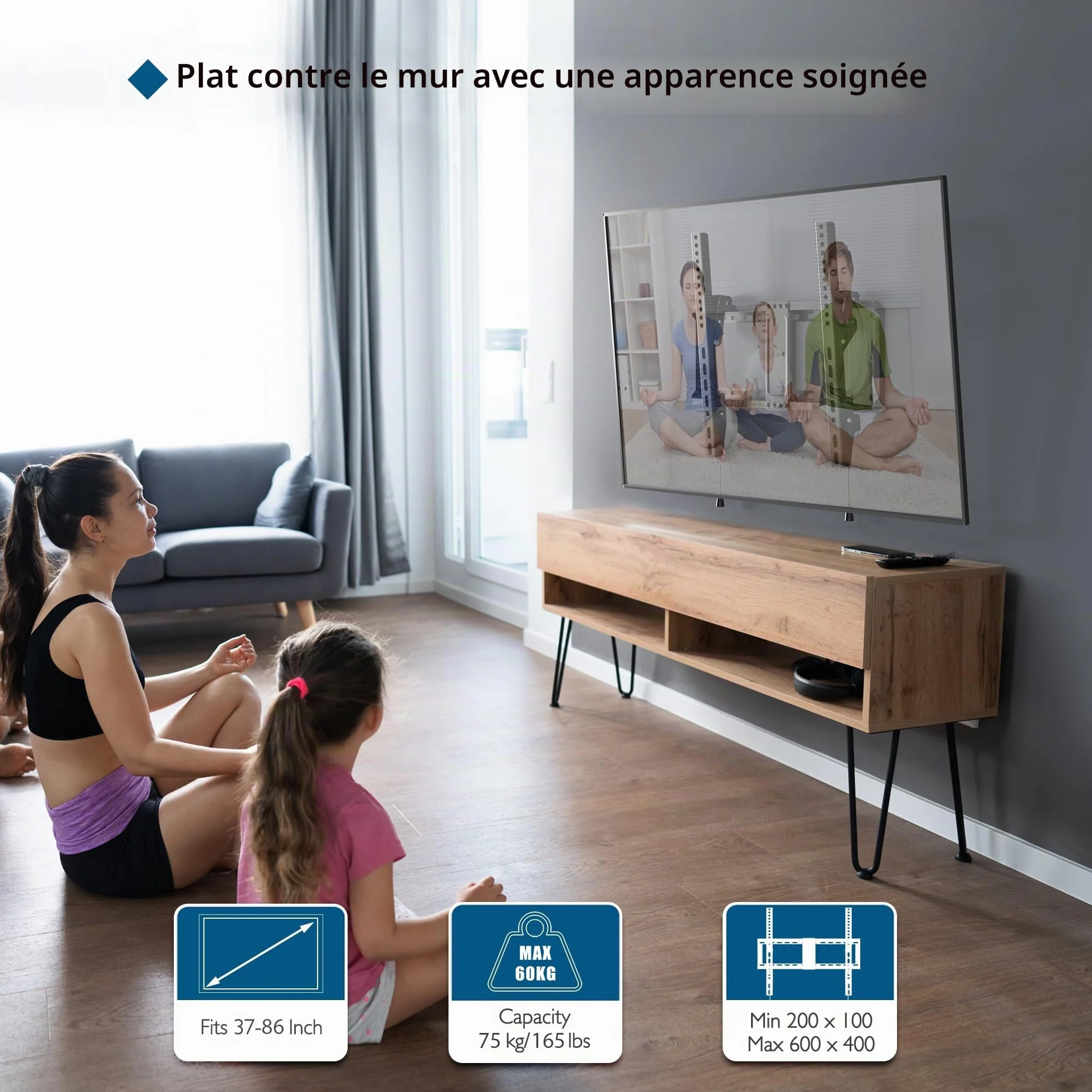BONTEC Support Mural TV Inclinable pour Téléviseurs LCD, LED, Plasma de 37 à 86 Pouces, VESA 600x400mm, Charge 75 kg, Support TV Mural Fixe avec Niveau à Bulle, Compatible Samsung, TCL