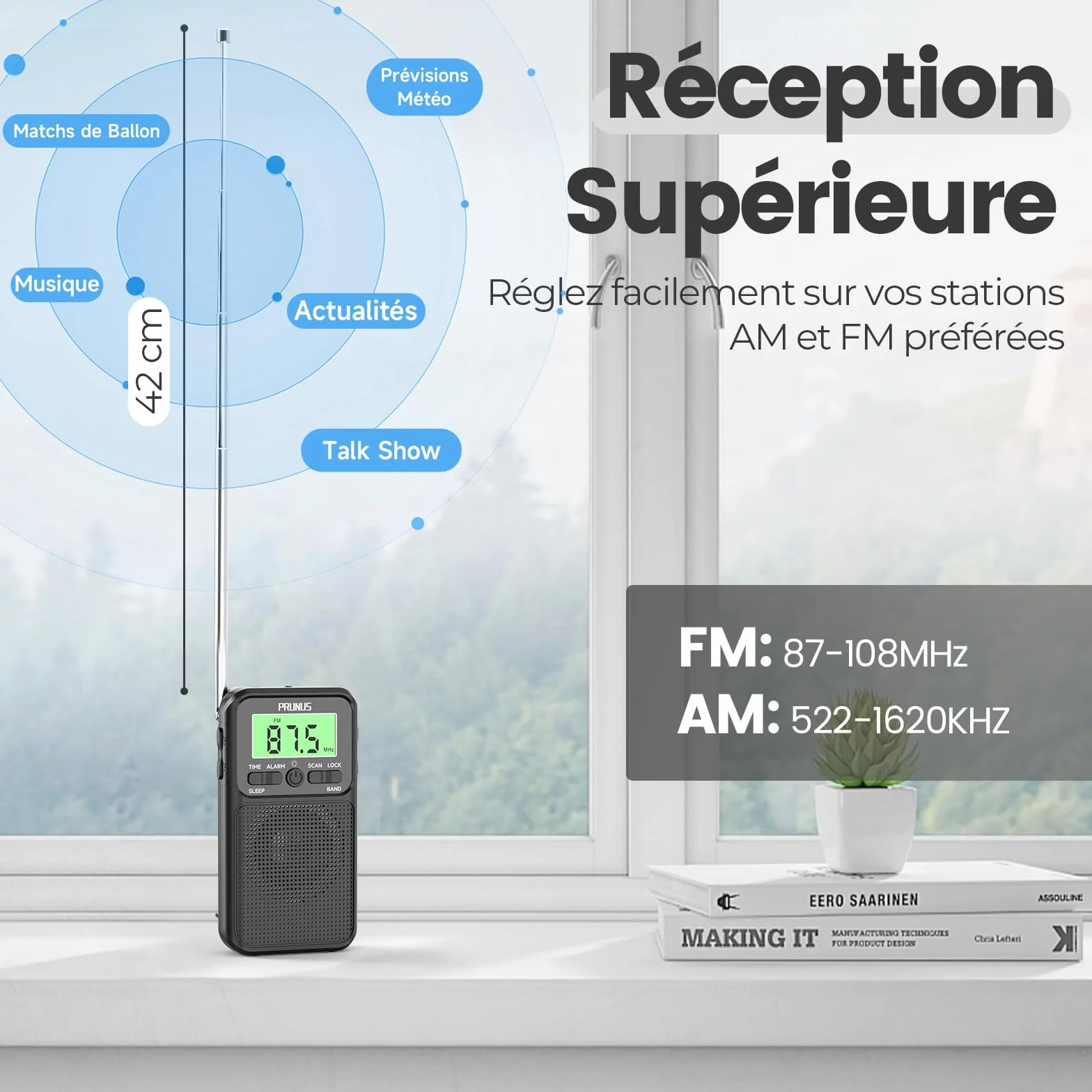PRUNUS J-128 Radio Portable FM/AM, Réveil, Minuterie de Sommeil, Mini Radio de Poche, Design Anti-Contact, Piles 2xAA
