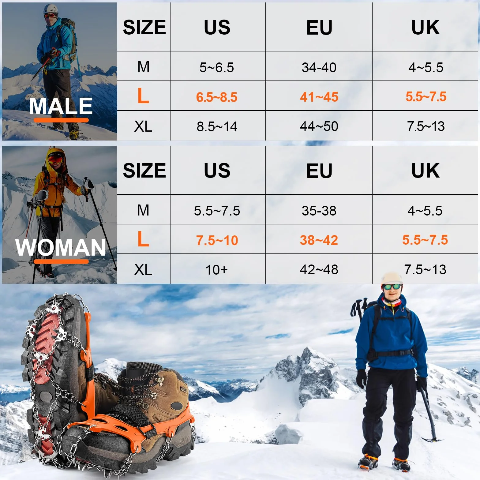 Crampons antidérapants pour Bottes de randonnée Neige Glace Traction 24 Pointes TPE Résistant Froid