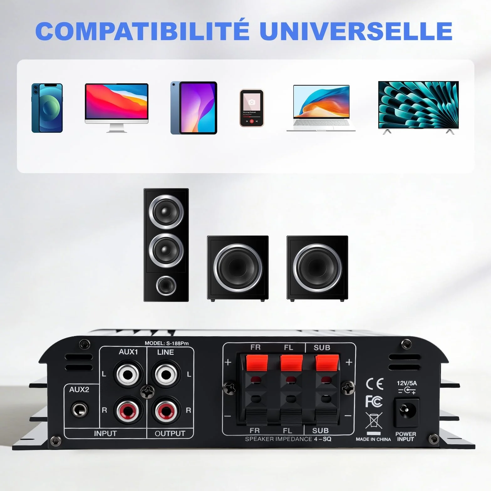 2.1 Chaîne Amplificateur Audio 50W×2 + Caisson de Basse 60W, 1000W Puissance de Crête, Bluetooth 5.3, Aux/USB/MP3, Réglage Grave/Aigu – Pour Home Cinéma, TV, Voiture