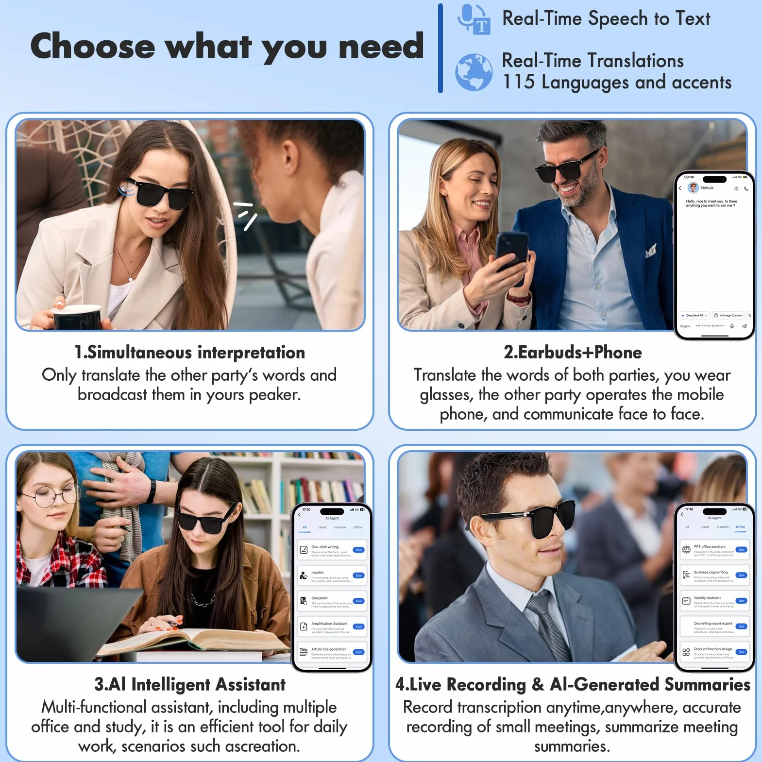 Lunettes intelligentes Bluetooth avec haut-parleur, 115 langues, traduction en temps réel, protection UV, verres polarisés, pour homme et femme, jeux, réunions, voyages