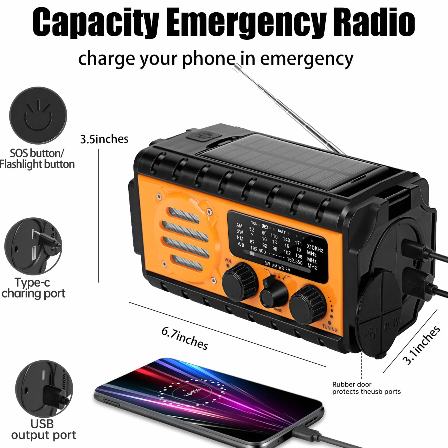 Winnes Radio d'urgence 20 000 mAh AM/FM avec lampe de poche et alarme SOS charge solaire