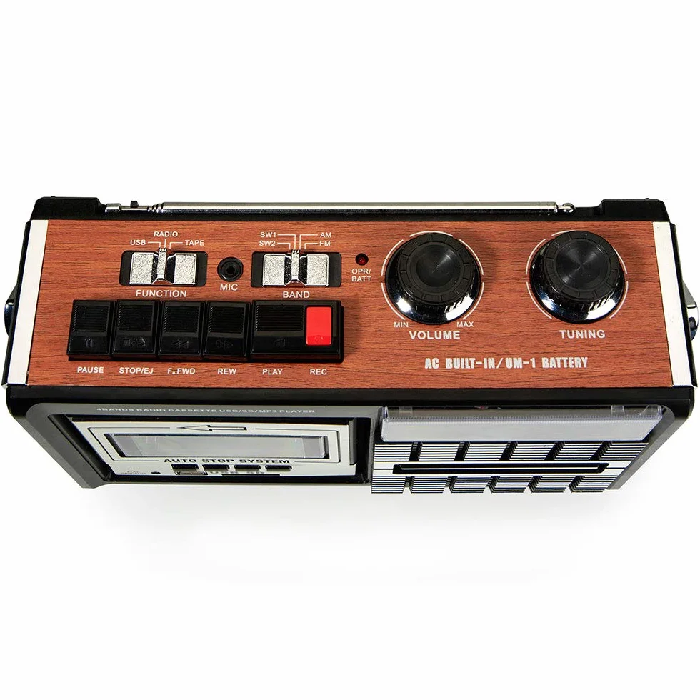 Ricatech PR85 – Lecteur de cassettes et enregistreur des années 80, Radio AM/FM/SW, USB, Port de carte SD, Microphone intégré, Arrêt automatique, Poids léger, haut-parleurs intégrés de 8 watts