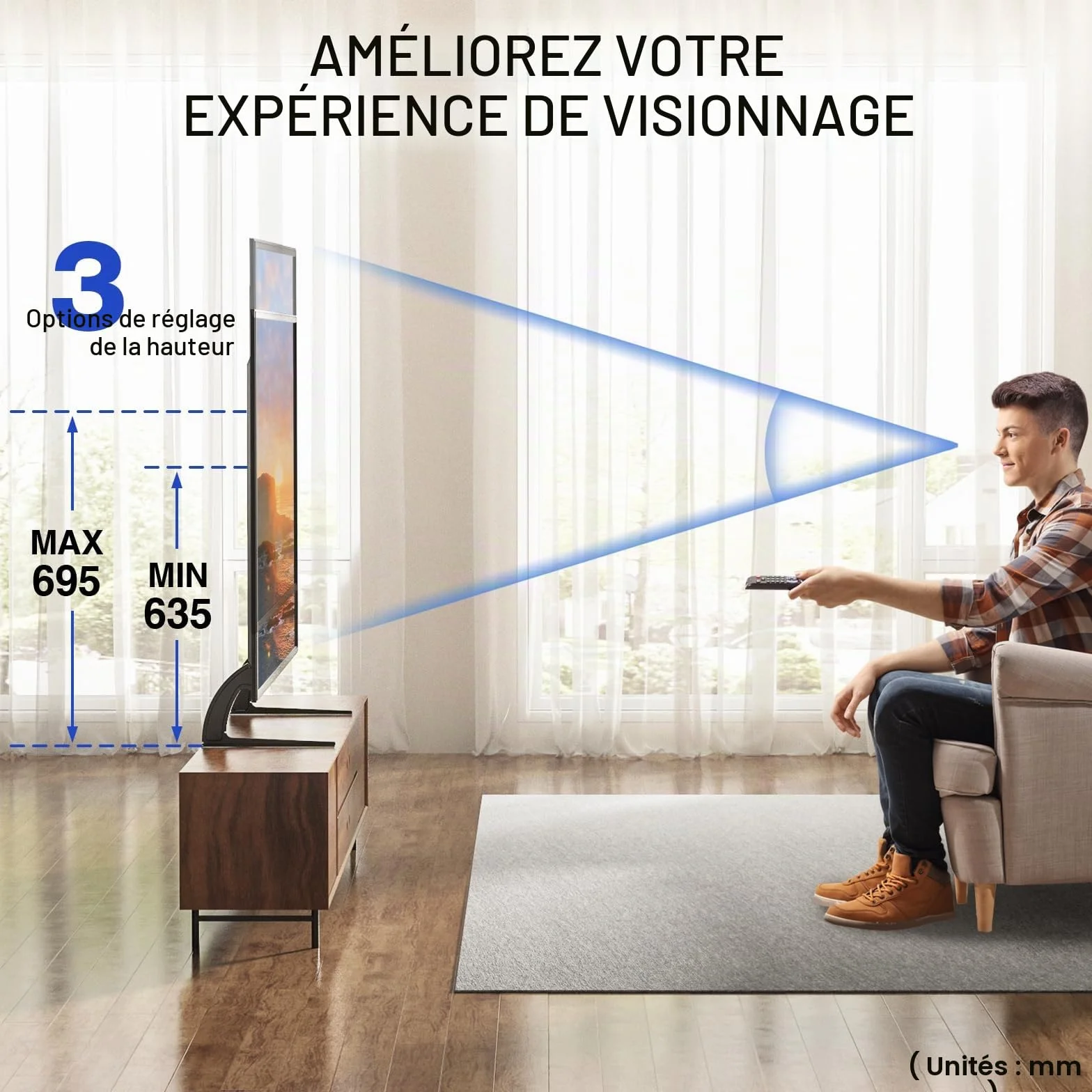 RFIVER Support TV Pieds Place sur Meuble Télé Elévateur Hauteur Adjustable pour LCD LED OLED ALED Ecran 20 à 65 Pouces VESA jusqu'à 800 x 500 mm