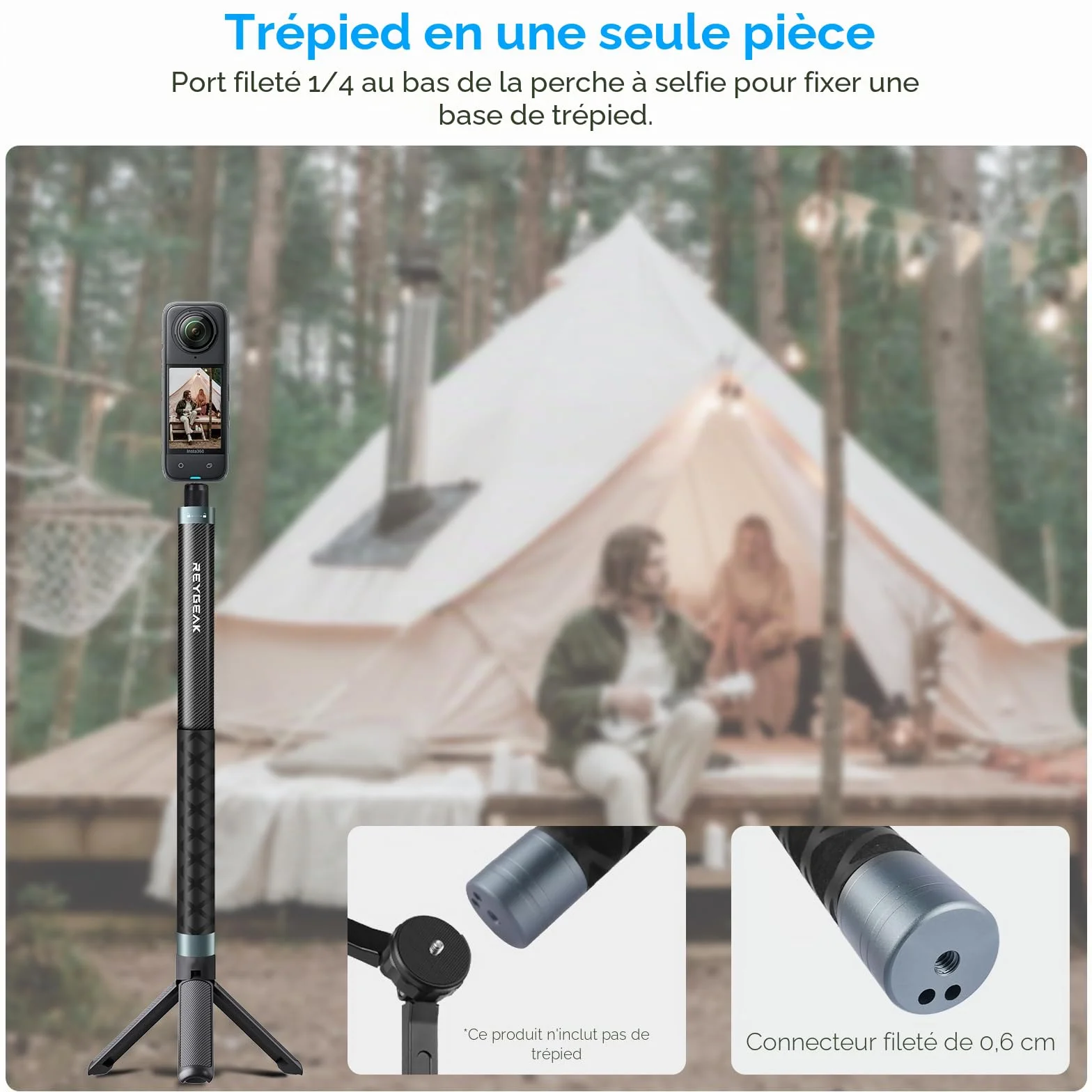REYGEAK 300cm / 118 "Extended Selfie Rod pour insta360 X4, 7 Pieds Extra Long Invisible Selfie Rod avec 1/4 vis Fibre de Carbone Étanche Extension Monopode pour inst360 X4 / X3 /X2 / One