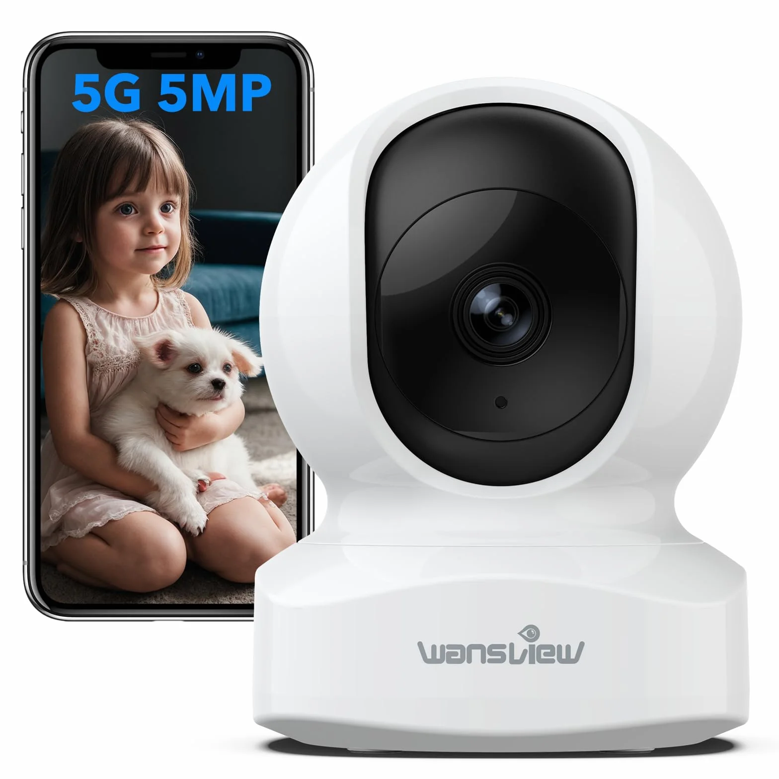 wansview 3K 5MP Camera Interieur - 2.4G/5G Double Bande WiFi Camera Surveillance, Suivi Intelligent 360 degrés, Détection Humaine IA pour Bebe/Chat/Chien connectée Smartphone, Audio Bidirectionnel