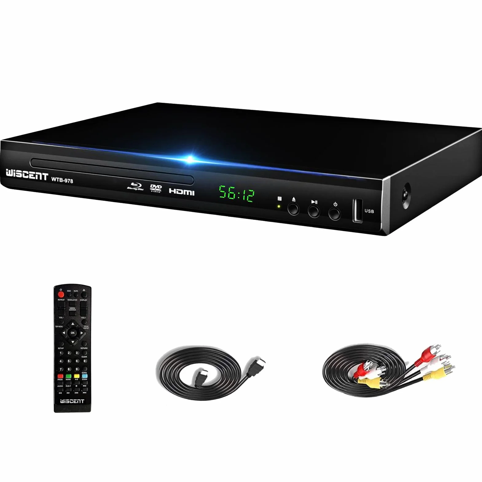 Lecteur Blu-Ray pour TV, Lecteur DVD WISCENT avec Sortie Coaxiale/HDMI/AV, entrée USB, Tous Les DVD etRégion B/2 Disques Blu-Ray, Compact Full HD, Lecteur Blu-Ray 1080p