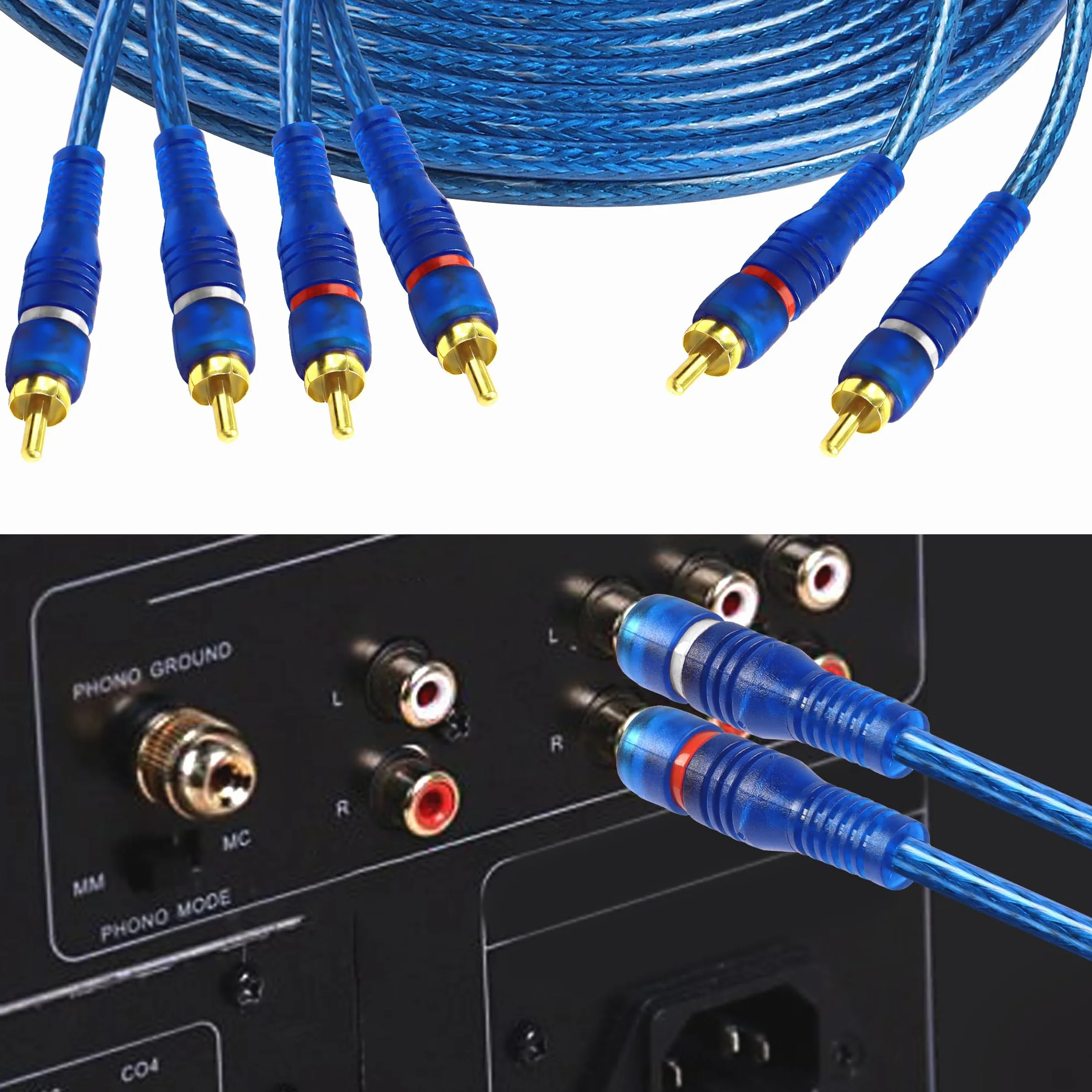 MEIRIYFA Câble d'interconnexion audio RCA pour voiture, 2 canaux à 4 canaux RCA audio voiture y Splitter adaptateur cavalier Paire torsadée OFC full Shield Noise Reduction (5m)