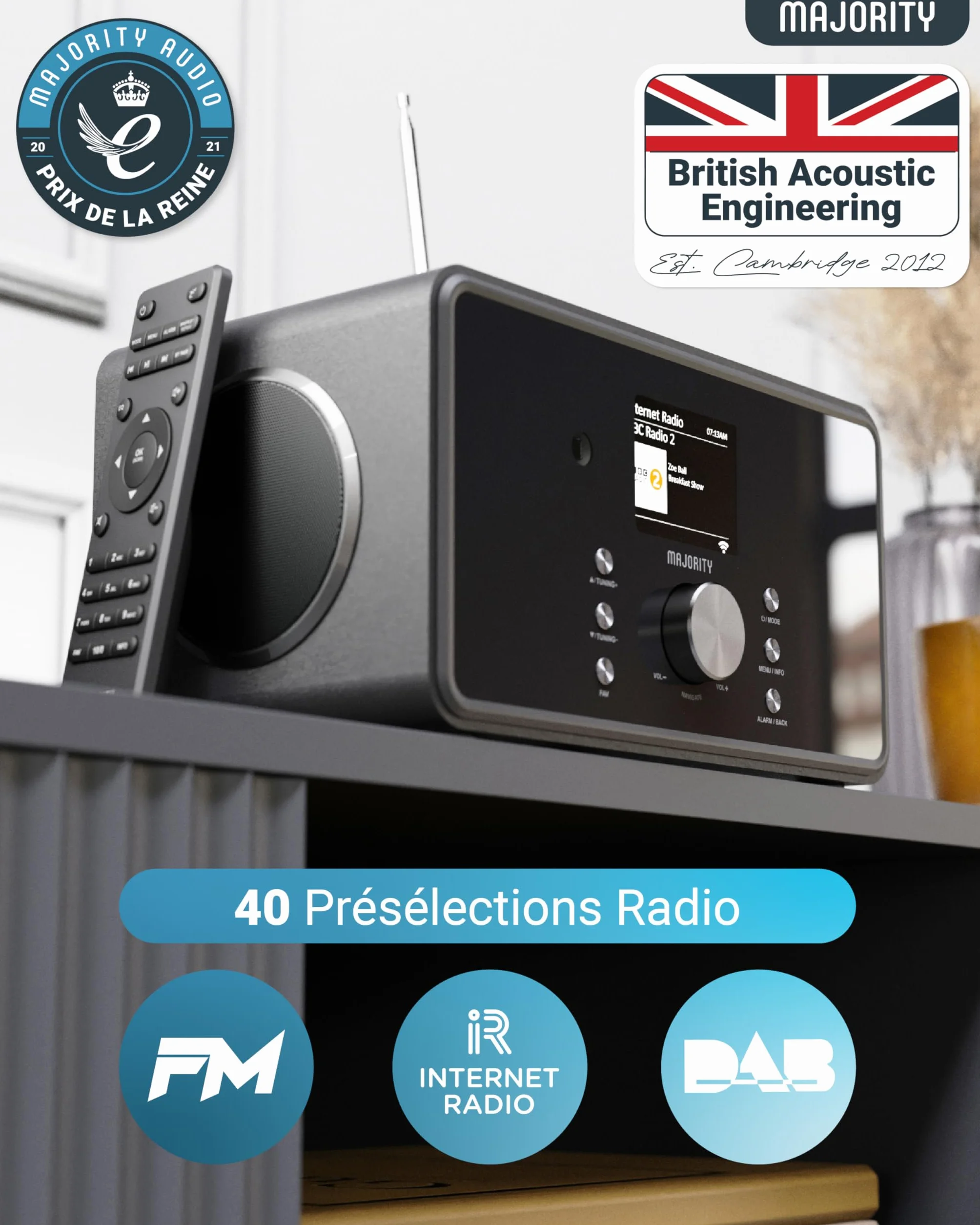 Radio Internet WiFi avec Bluetooth | Radio Dab Plus & FM | 100W 2.1 Caisson de Basse Interne pour Xtra Bass | Spotify Connect & Podcasts | Télécommande Incluse & OKTIV App Control | MAJORITY Bard