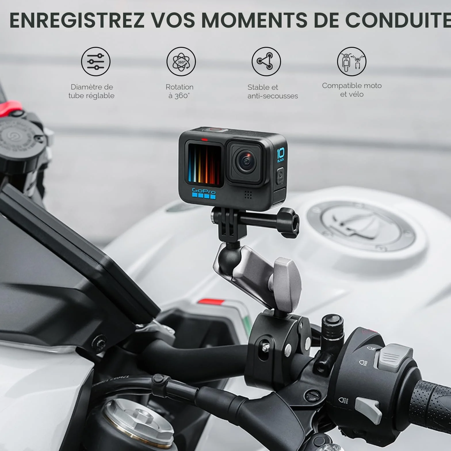 REYGEAK Support de caméra avec double tête sphérique à 360° avec vis 1/4, support de guidon de vélo avec double griffe pour GoPro Max Hero 13/12/11/10/9