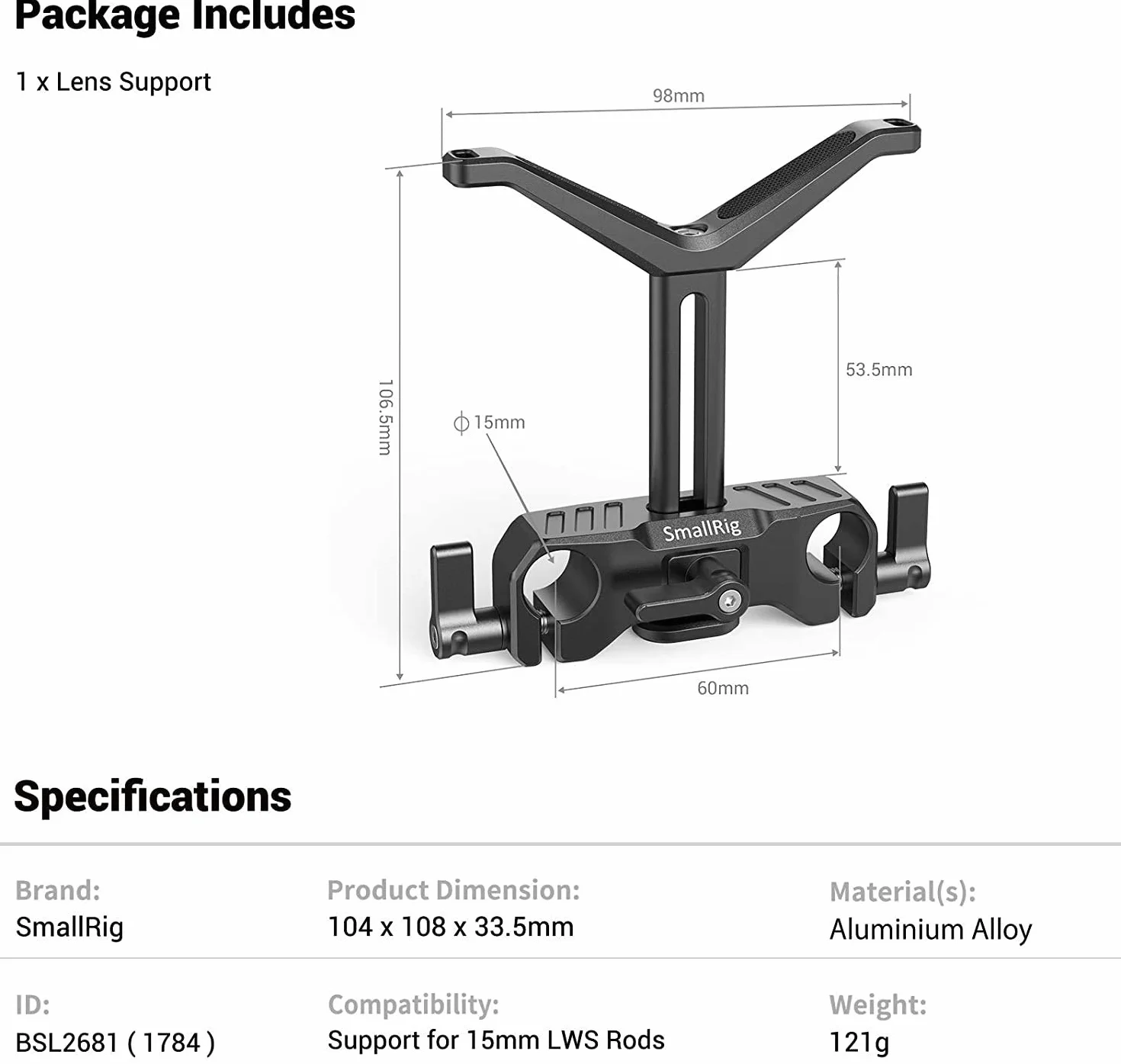 SmallRig BSL2681 Support d'objectif de 15 mm de long, hauteur réglable de 53,5 mm pour appareil photo reflex numérique