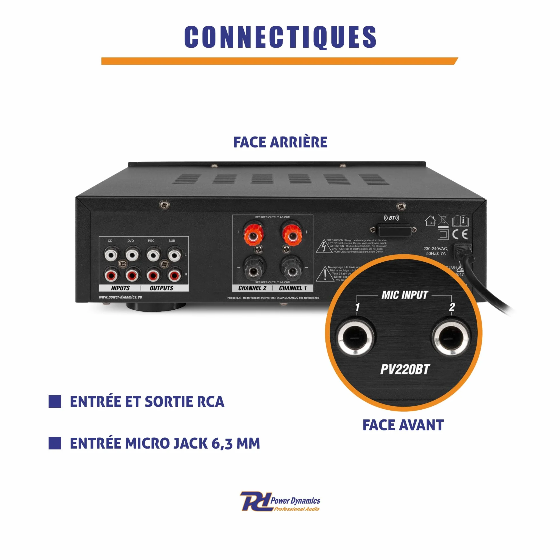 Power Dynamics PV220BT Amplificateur Audio Bluetooth 2x100W 2 Zones Lecteur MP3 USB/SD Radio FM Entrées RCA AUX Télécommande
