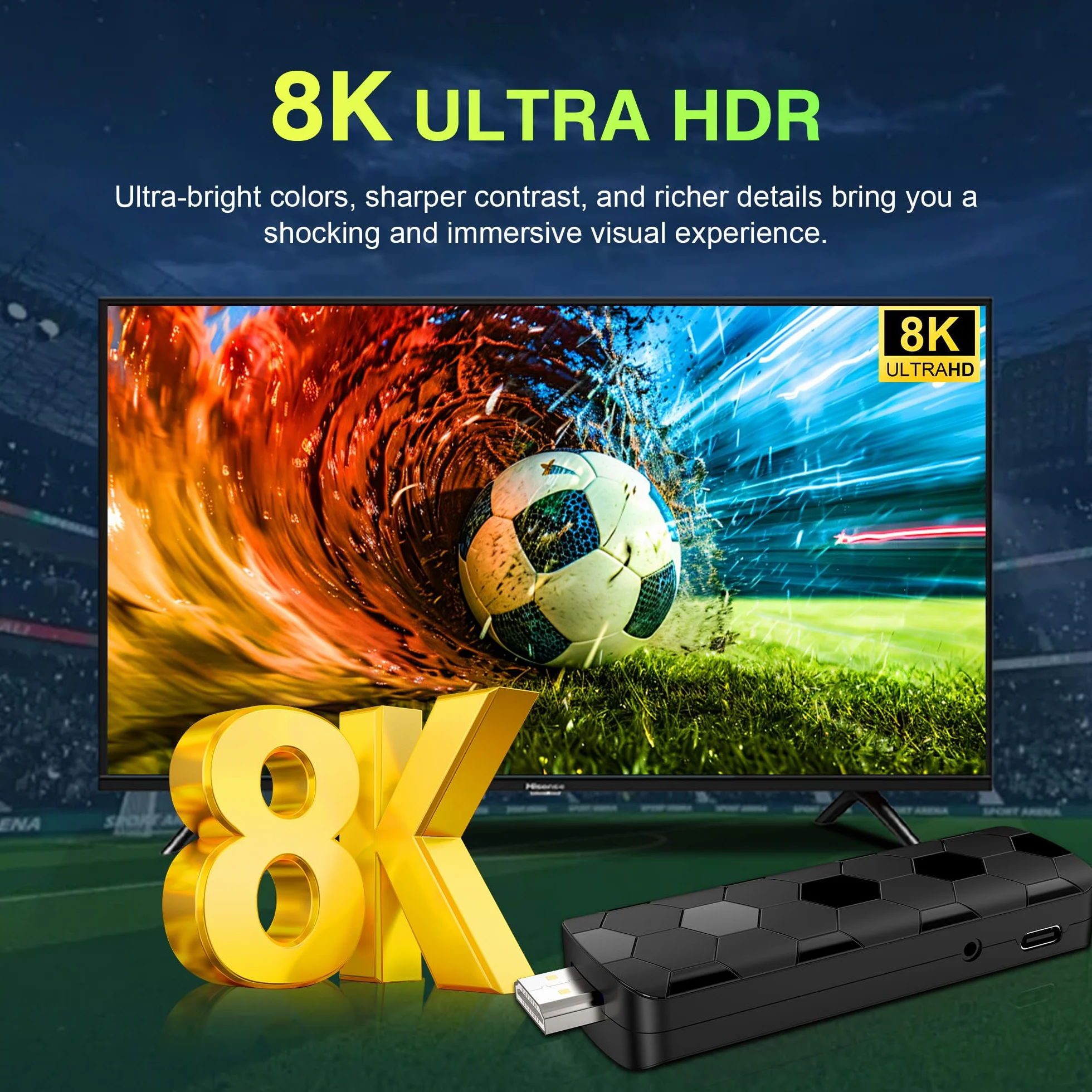 Android TV Stick 14.0, 2 Go RAM + 16 Go ROM, Puce RK3518, WiFi Double Bande 2,4G/5,8G, BT5.4, HDMI 2.0, 8K HD, Noir
