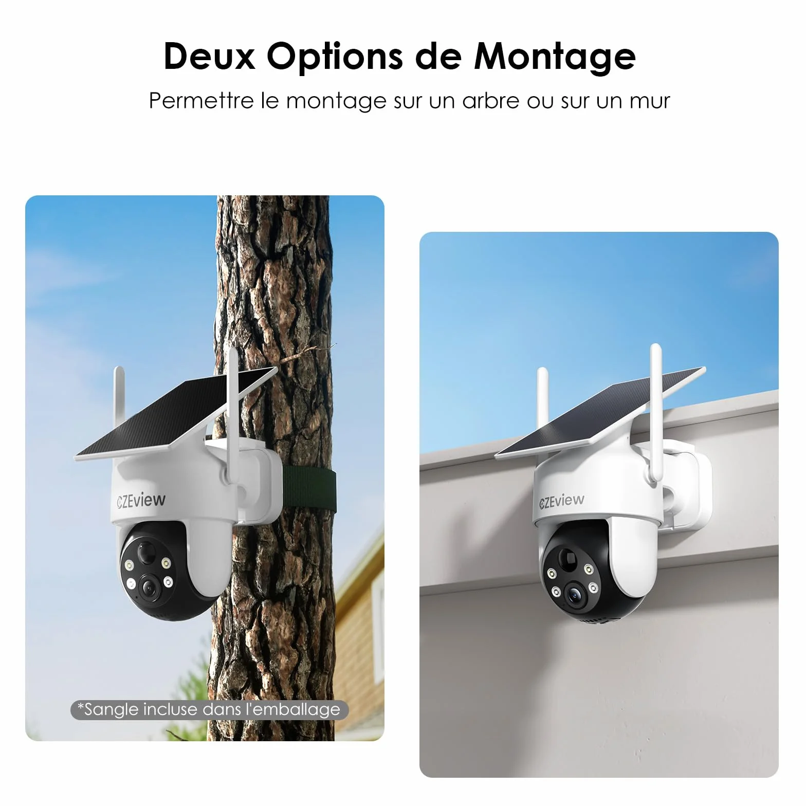 CZEview 2K/4K Camera Surveillance WiFi Extérieure Solaire sans Fil, System d'Alarme, 360° Caméra Exterieure Batterie, Détection Mouvement, Vision Nocturne en Couleur (Blanche, 2k)