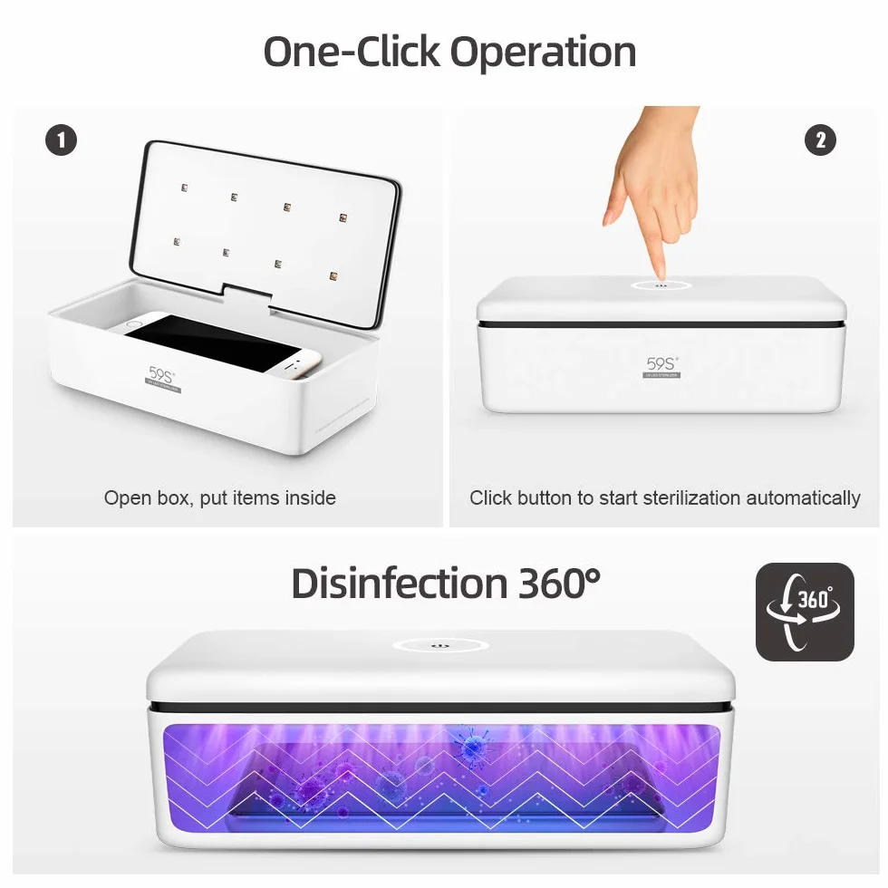 59S UV Stérilisateur LED Box avec 8 perles Lampe de Stérilisation Rapide 99,9%, Adaptée aux Téléphones Portables, à l'esthétique, aux Outils de Beauté et aux Soins Personnels