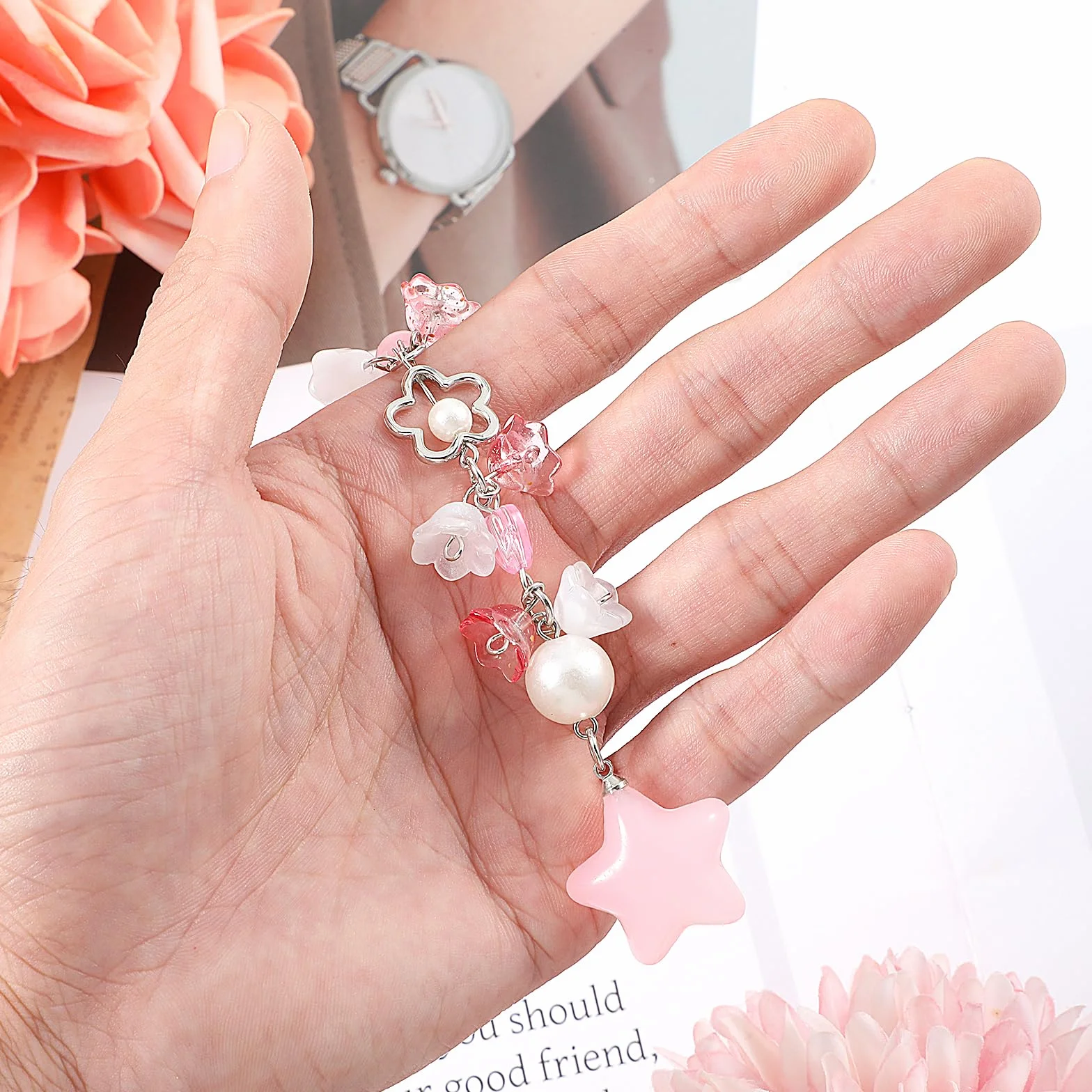 Mabor Pendentif téléphone portable rose fleurs étoiles Y2K dragonne porte-clés