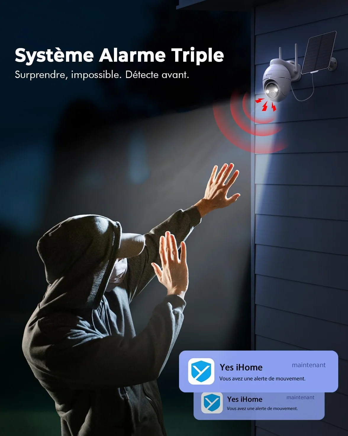 2K Camera Surveillance WiFi Exterieure sans Fil, Énergie Solaire et 360° PTZ, Caméra Solaire Batterie 2,4 G, Double Antenne Vision Nocturne Couleur, Détection PIR Audio Bidirectionnel Blanc