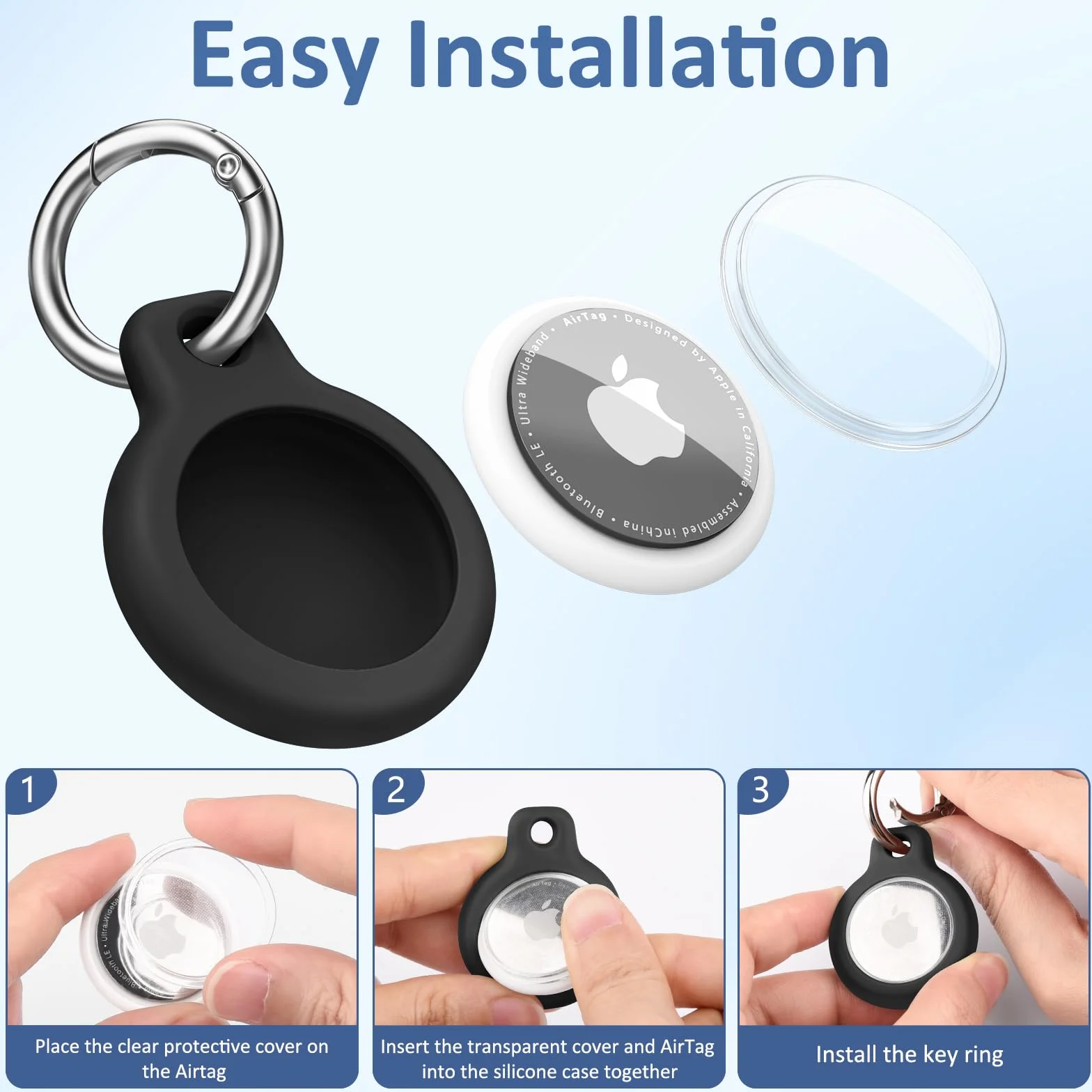 Wanme Airtag Porte Clé, Étuis pour Apple AirTag Coque, Protection Résistante à Scratch, Couvercle étanche, Maisons AirTag avec Couvercle Avant (Noir)