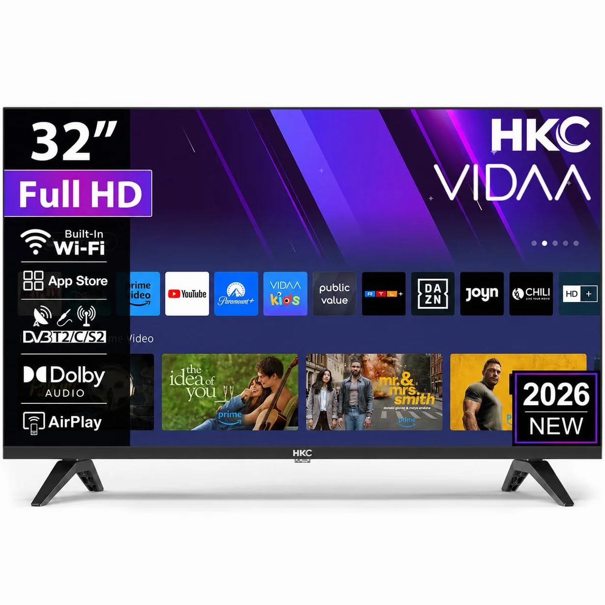 HKC Smart TV 32 Pouces (80 cm) FHD, sans Bord Connectée Télévision avec WiFi, App Store, Triple Tuner(DVB-T/T2, DVB-C, DVB-S/S2), AirPlay (H32N1F-V, 2026)