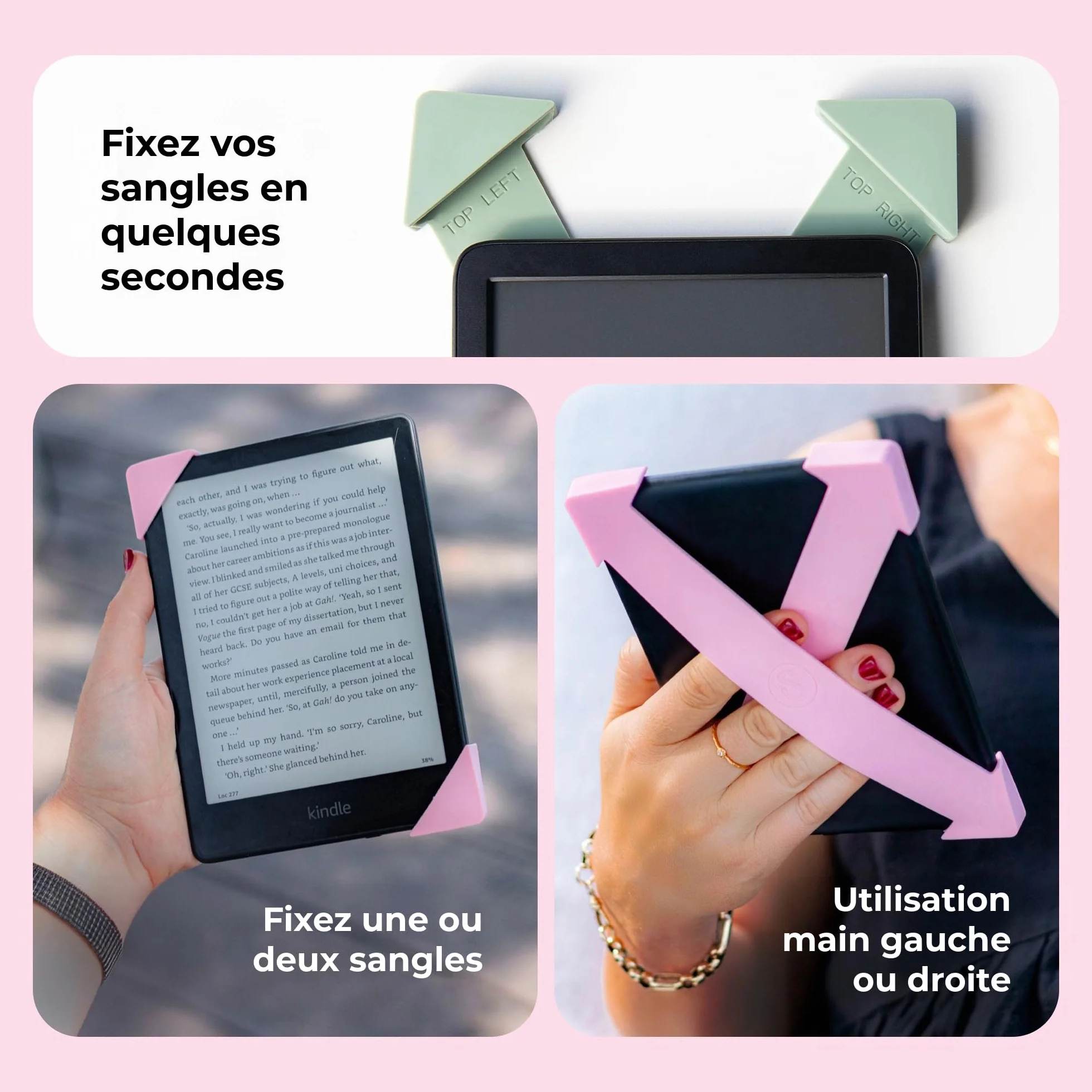 Strapsicle Sangle Main pour Kindles & Kobos – Convient Paperwhite Gen 11/12 (6,8”/7”), Signature Edition – Colorsoft – Lot de 2 – Grand – Blush