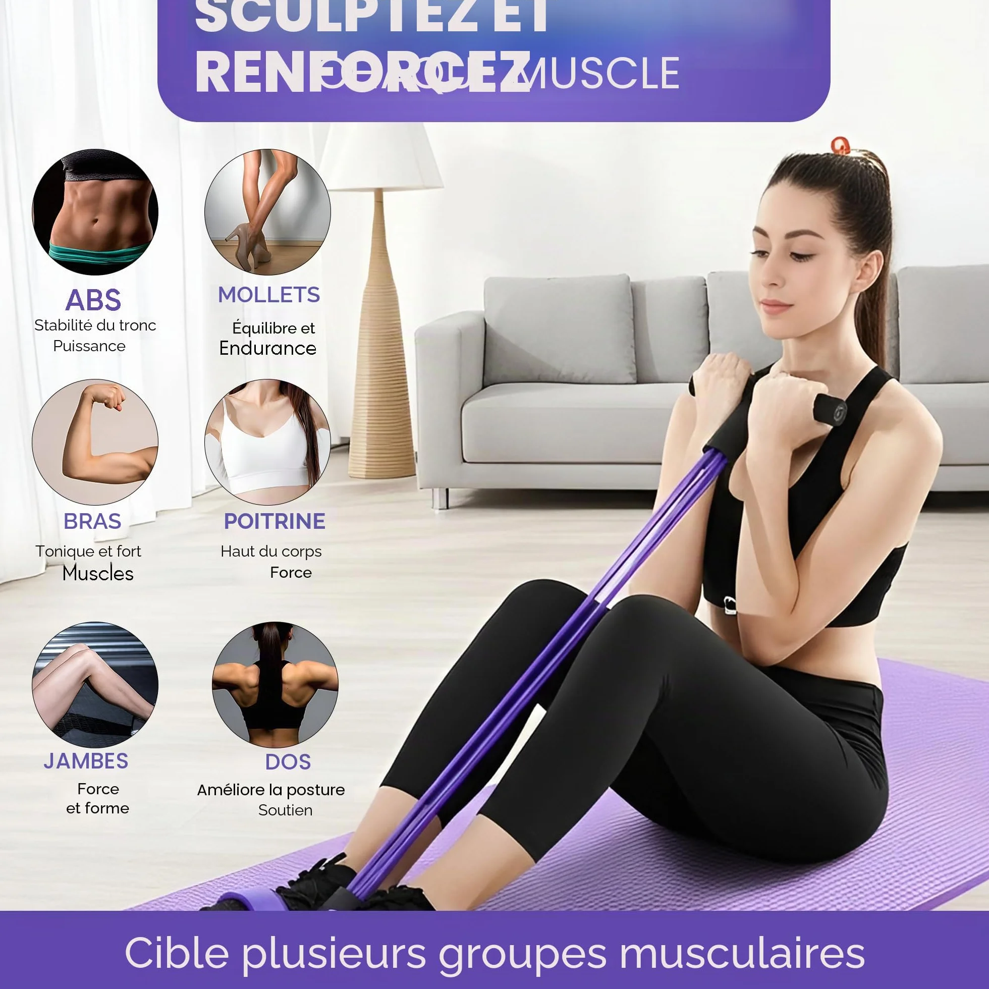 Pédale de Fitness Élastique Corde de Tension, 6 Tubes Multifonctionnelle Bande de Résistance Bodybuilding