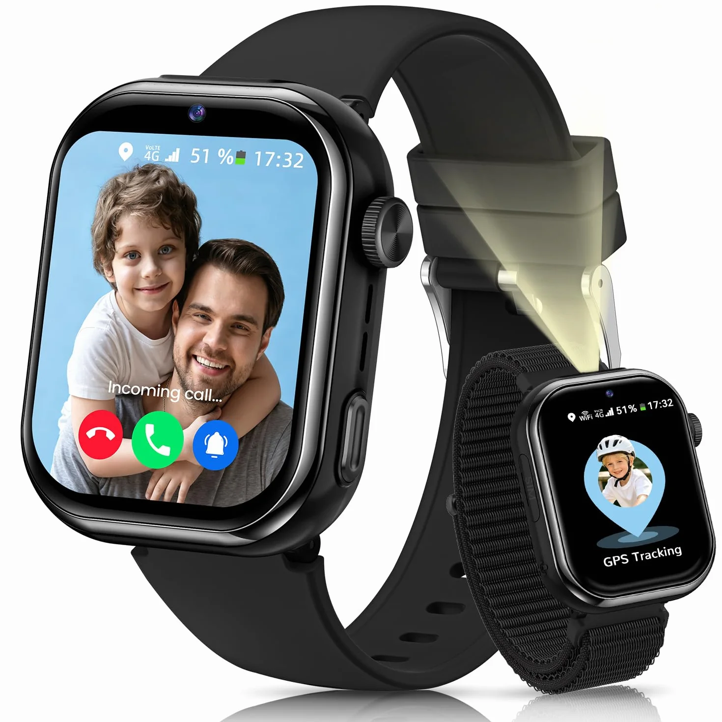 4G Montre Connectée Enfant, Montre Telephone Enfant avec GPS, Appel Vidéo, Chat Vocal, Double Caméra, SOS, Mode École, Podomètre, Réveil, Appareil Photo, IP68, Smartwatch pour Garçons Filles, Noir