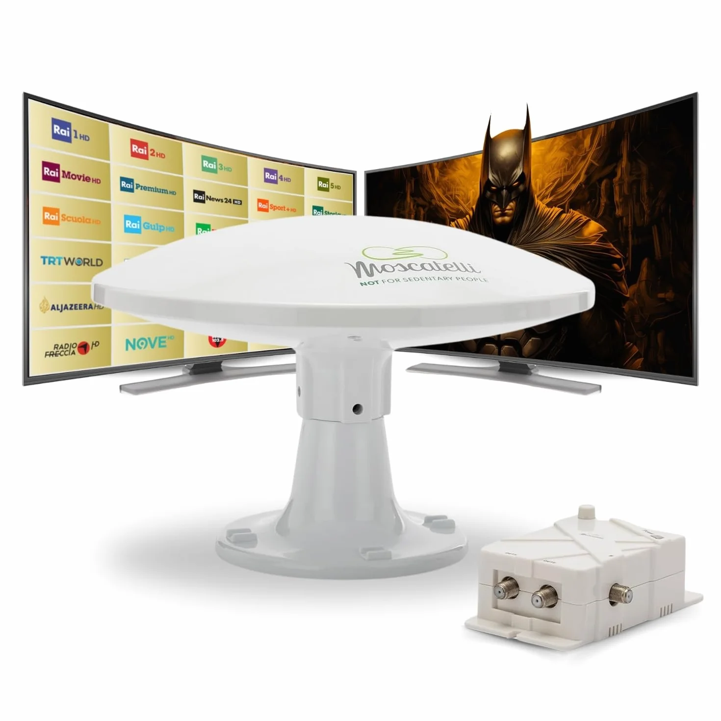 MOSCATELLI Antenne Omnidirectionnelle Terrestre TNT HD - DVB-T/T2 – Dab – 12/24/220 V – Kit Complet avec Câbles et Puissant Amplificateur pour Camping Car, Caravane, Fourgon, Camion, Bateau