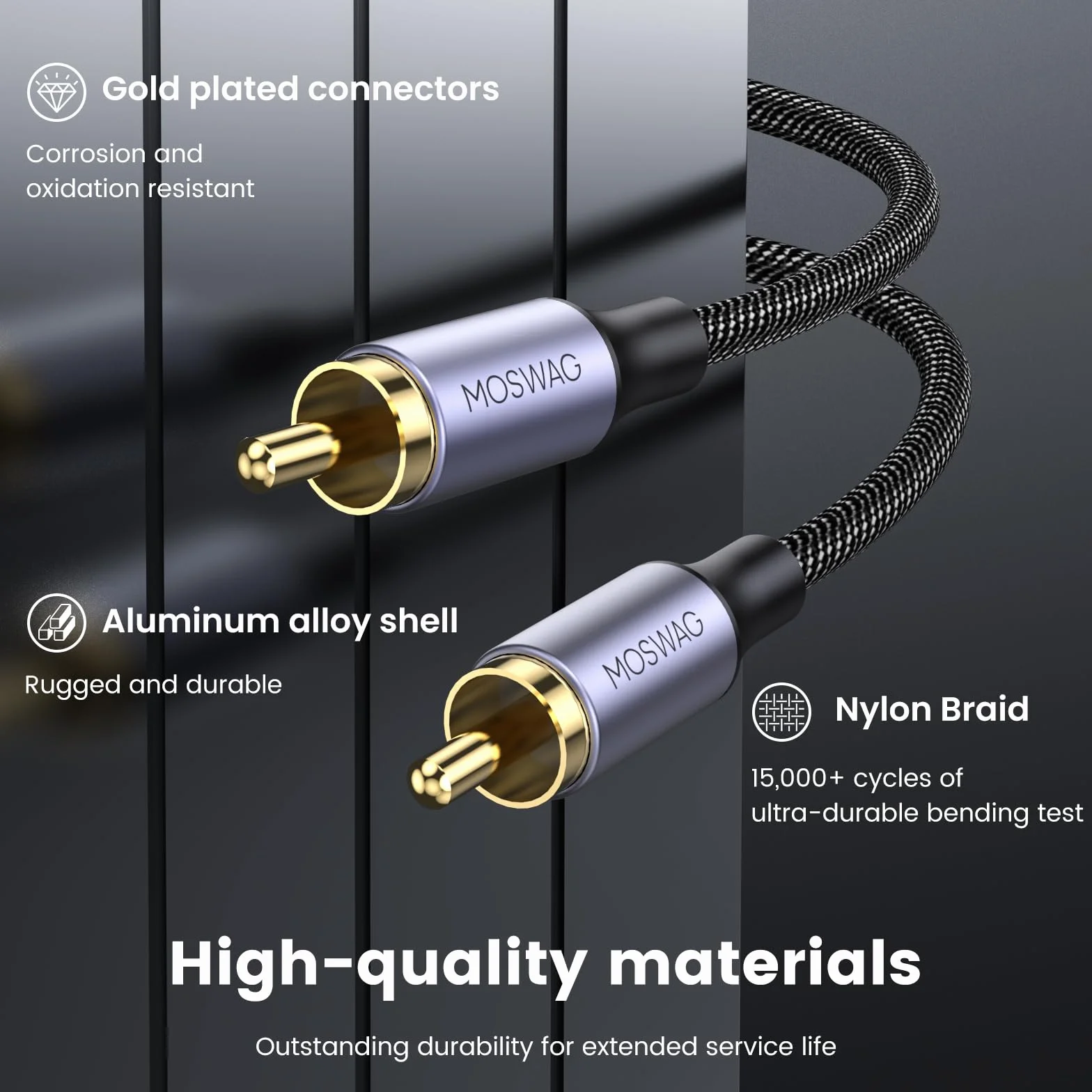 MOSWAG Câble Coaxial RCA Audio (2M), Câble de Subwoofer - Cinch RCA, Cable Coaxial Numérique 24K Plaqué Nylon pour Home Cinéma, Système Audio, PS3, Wii, Haut-parleurs