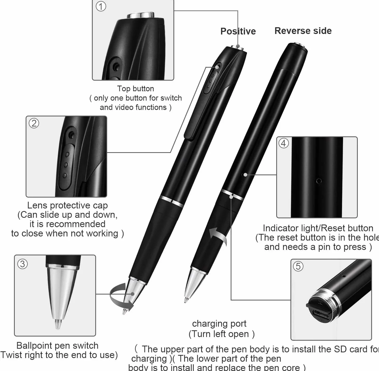 Caméra Espion Caméra Cachée Stylo 1080P Mini Caméra de Poche avec Carte 32 Go Caméra Stylo avec Enregistrement Vidéo Prise de Photo et 150 Mins d'Autonomie de la intérieur extérieur