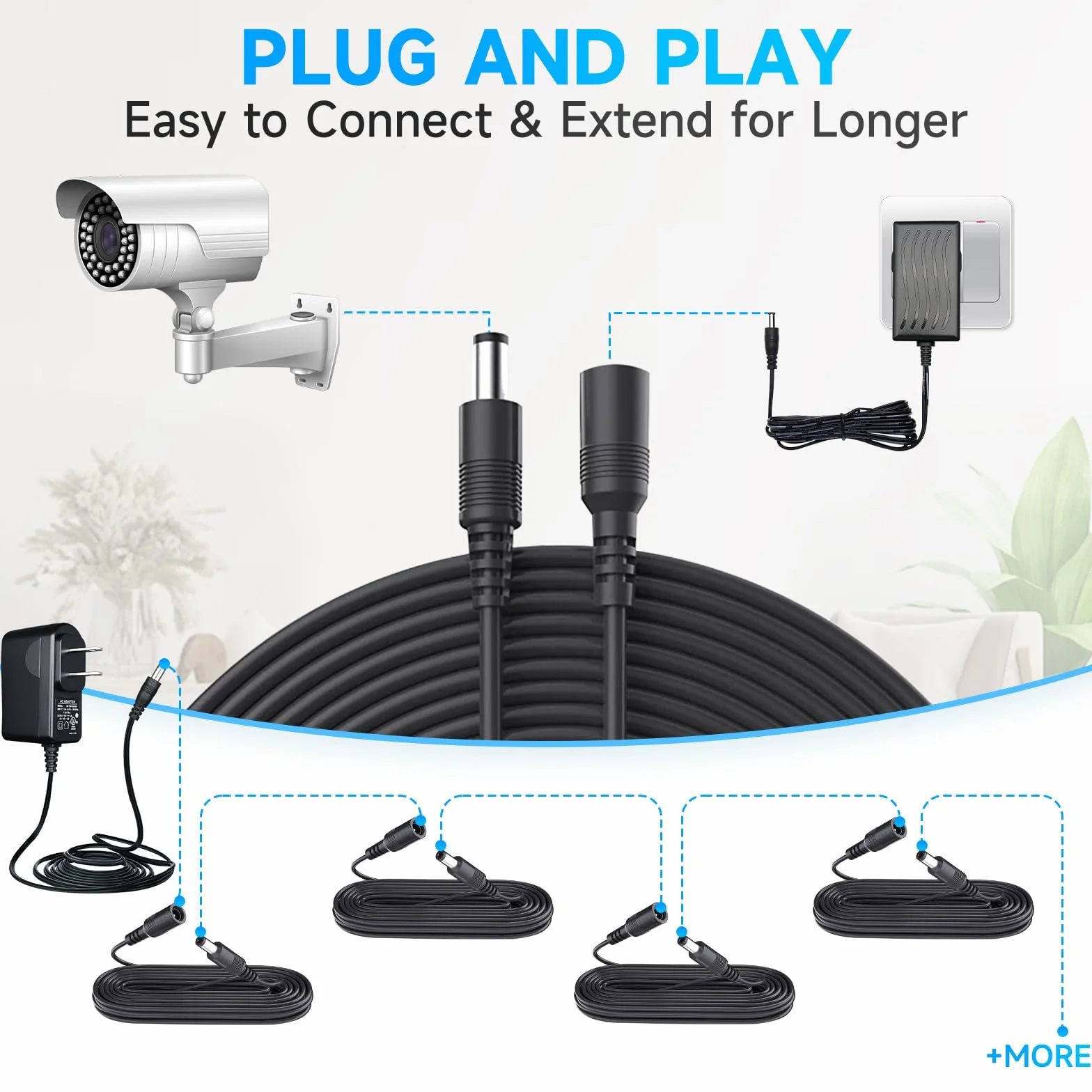 Lot de 2 câbles d'extension d'alimentation CC de 1 m, cordon d'alimentation mâle à femelle de 5,5 mm x 2,1 mm pour caméras de sécurité CCTV, bande LED, adaptateur d'alimentation 12 V CC et plus (noir)