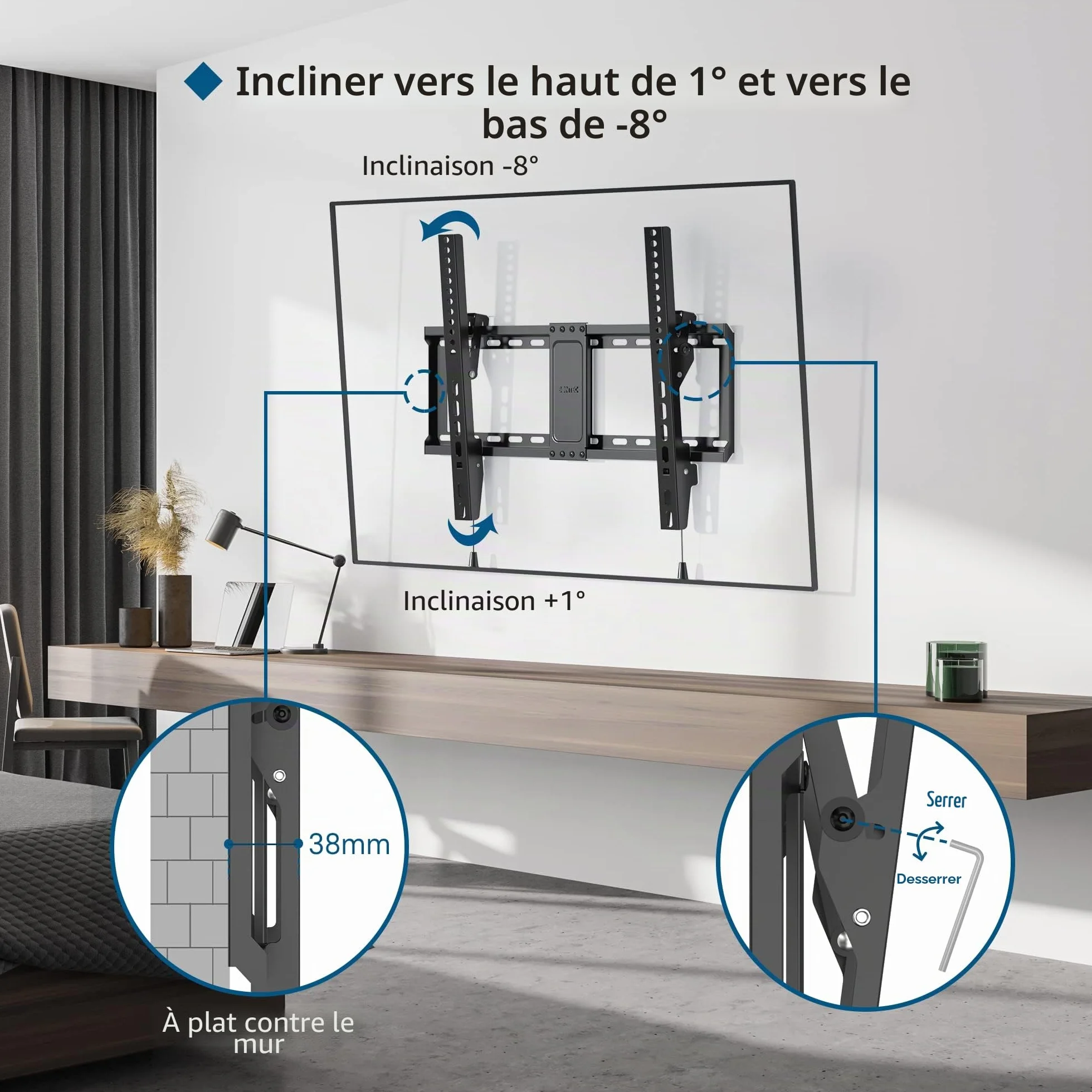 BONTEC Support Mural TV Inclinable pour Téléviseurs LCD, LED, Plasma de 37 à 86 Pouces, VESA 600x400mm, Charge 75 kg, Support TV Mural Fixe avec Niveau à Bulle, Compatible Samsung, TCL