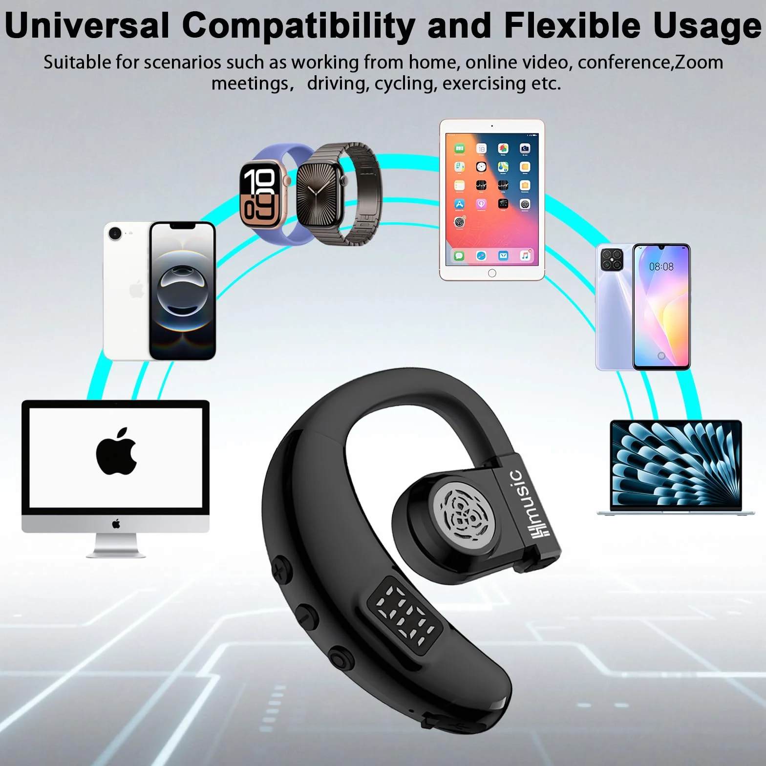 Hmusic Oreillette Bluetooth sans Fil V5.4, IPX5 Étanche, Kit Mains Libres avec 2 Micro Anti-Bruit, 20H d'Autonomie, 18g Ultra-léger, Affichage Numérique LED, pour Conduite, Bureau, Affaires