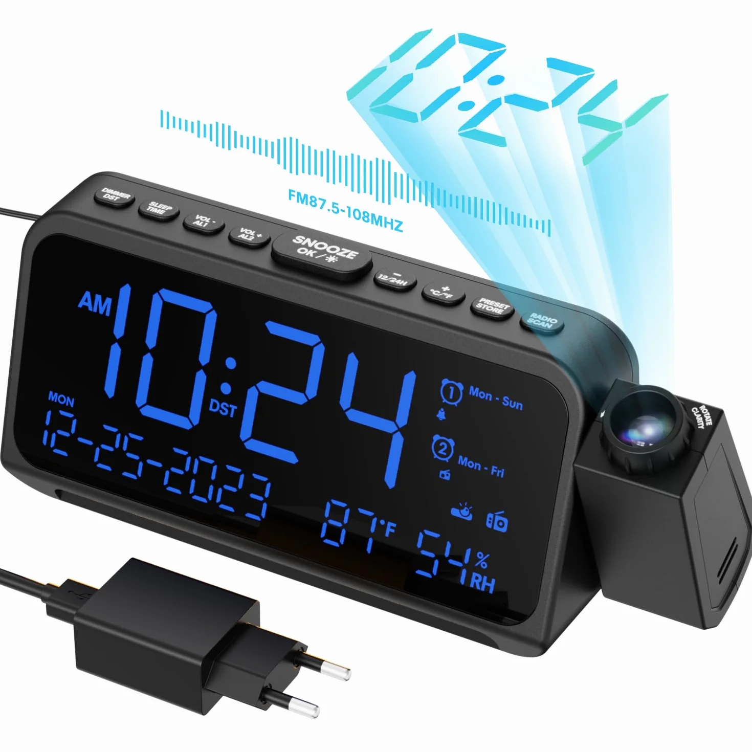 ROCAM Radio-Réveil Projection Plafond, Radio FM Numérique, Horloge Projecteur avec Charge USB & Type C, Réveil Limineux Enfant avec Mode Week-End/Jour de La Semaine, Date, Température, Veilleuse