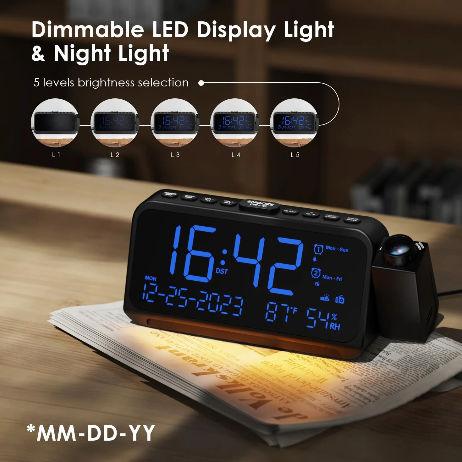ROCAM Radio-Réveil Projection Plafond, Radio FM Numérique, Horloge Projecteur avec Charge USB & Type C, Réveil Limineux Enfant avec Mode Week-End/Jour de La Semaine, Date, Température, Veilleuse