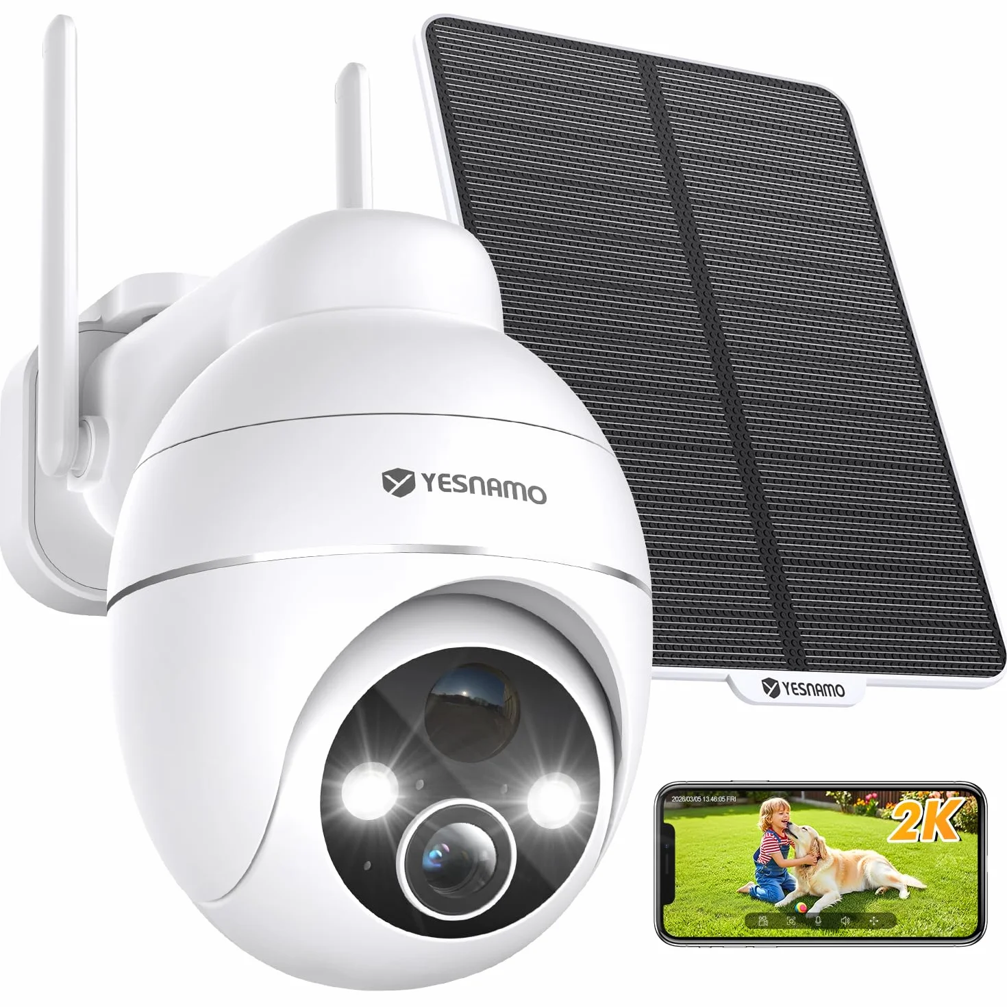 2K Camera Surveillance WiFi Exterieure sans Fil, Énergie Solaire et 360° PTZ, Caméra Solaire Batterie 2,4 G, Double Antenne Vision Nocturne Couleur, Détection PIR Audio Bidirectionnel Blanc