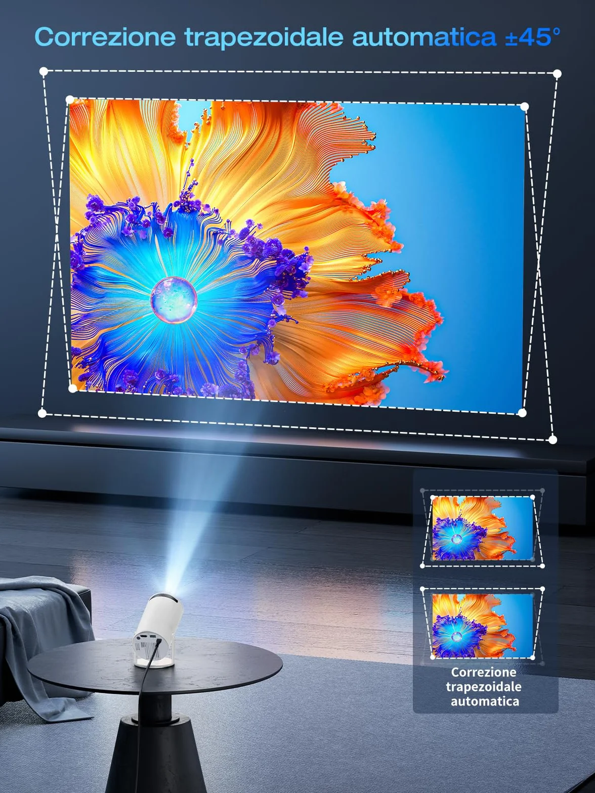 Videoprojecteur Mini Projecteur Portable 20000 Lumens 4K Supporte avec App Intégrée Android 11.0 WiFi 6 Bluetooth 5.4 Auto Keystone 180° Rotation pour Phone/HDMI/USB