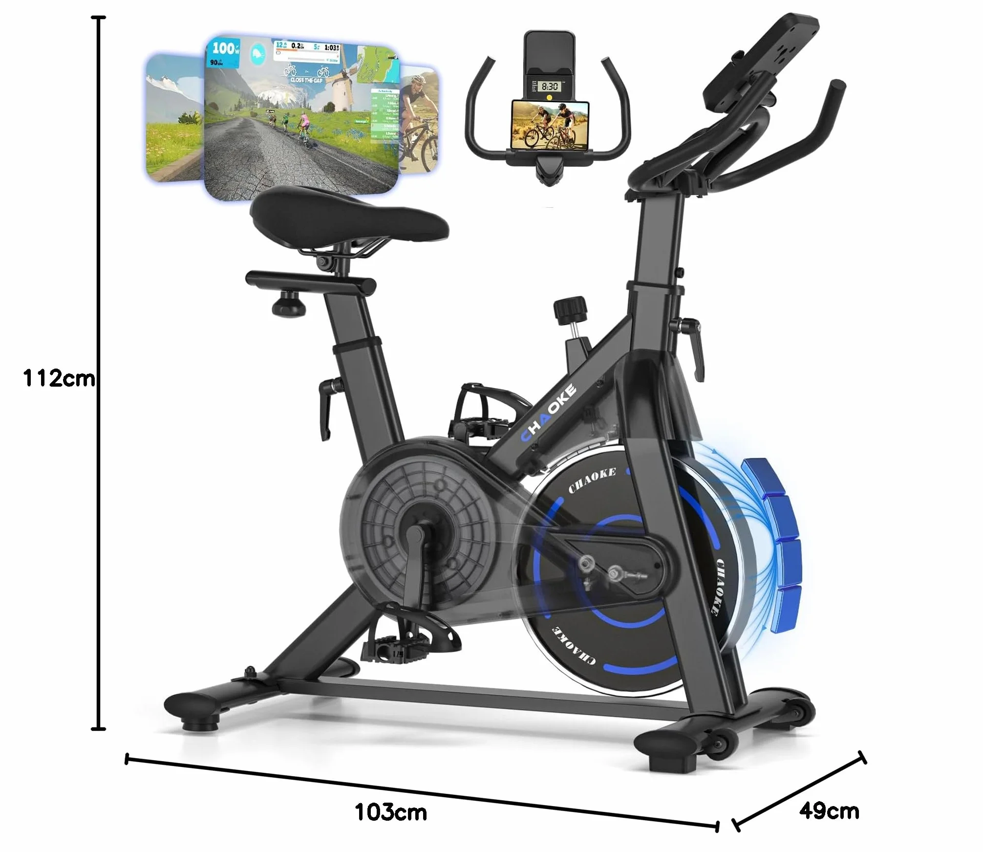 CHAOKE Vélo d'appartement Silencieux Résistance Magnétique Réglable App écran LCD Capacité 150KG