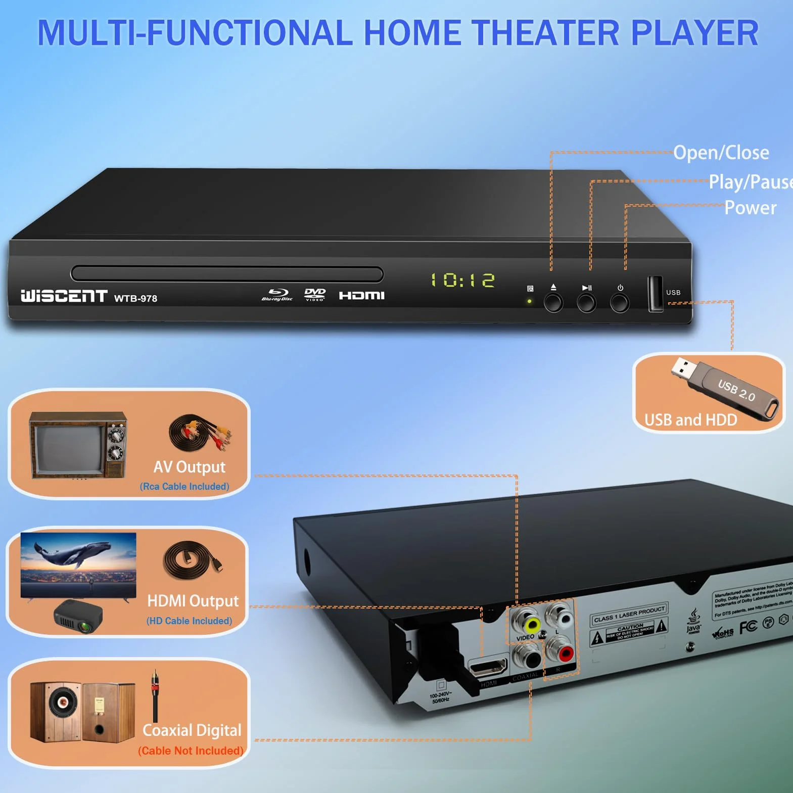 Lecteur Blu-Ray pour TV, Lecteur DVD WISCENT avec Sortie Coaxiale/HDMI/AV, entrée USB, Tous Les DVD etRégion B/2 Disques Blu-Ray, Compact Full HD, Lecteur Blu-Ray 1080p