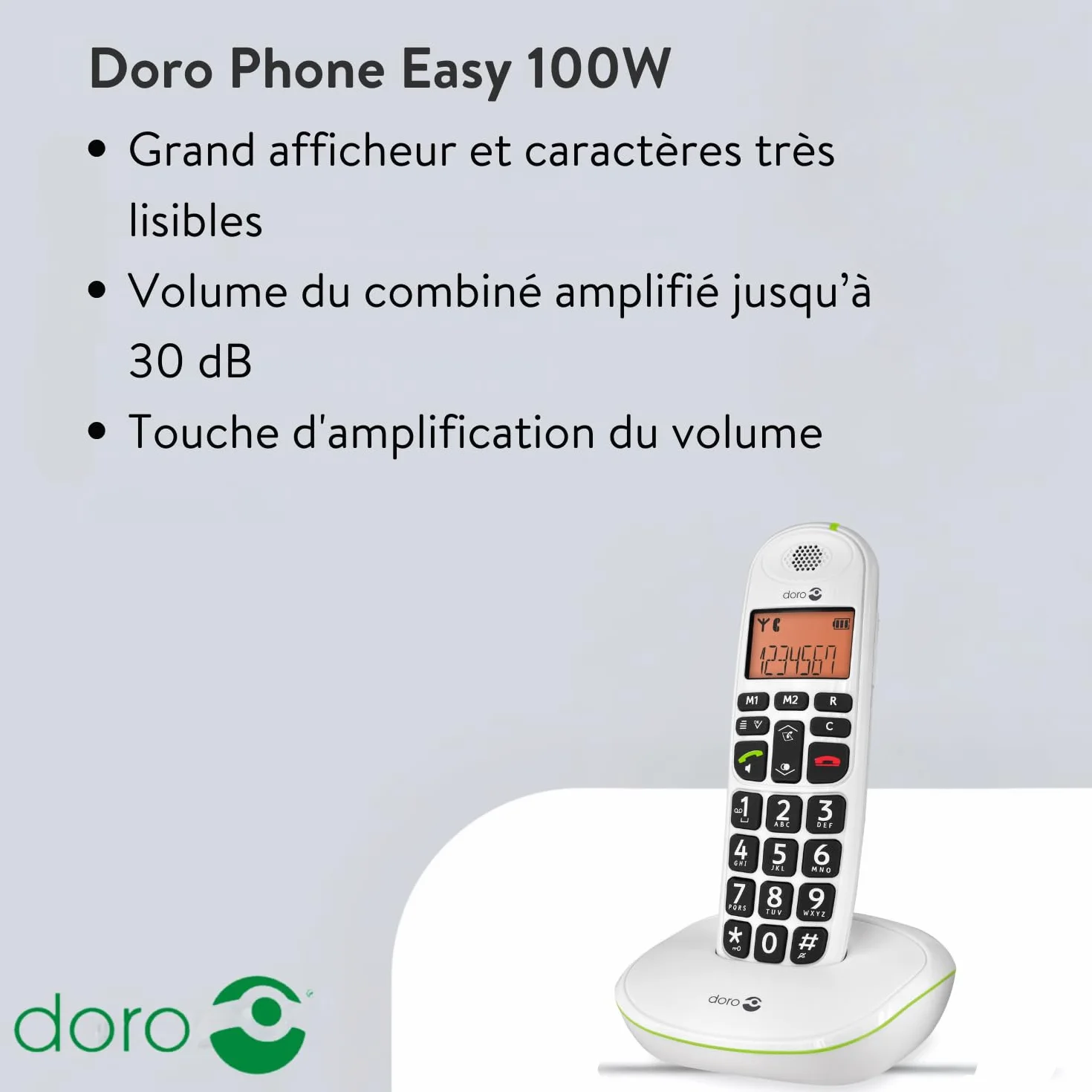 Doro PhoneEasy 100w Téléphone sans Fil DECT pour Seniors Grandes Touches Son Amplifié Blanc
