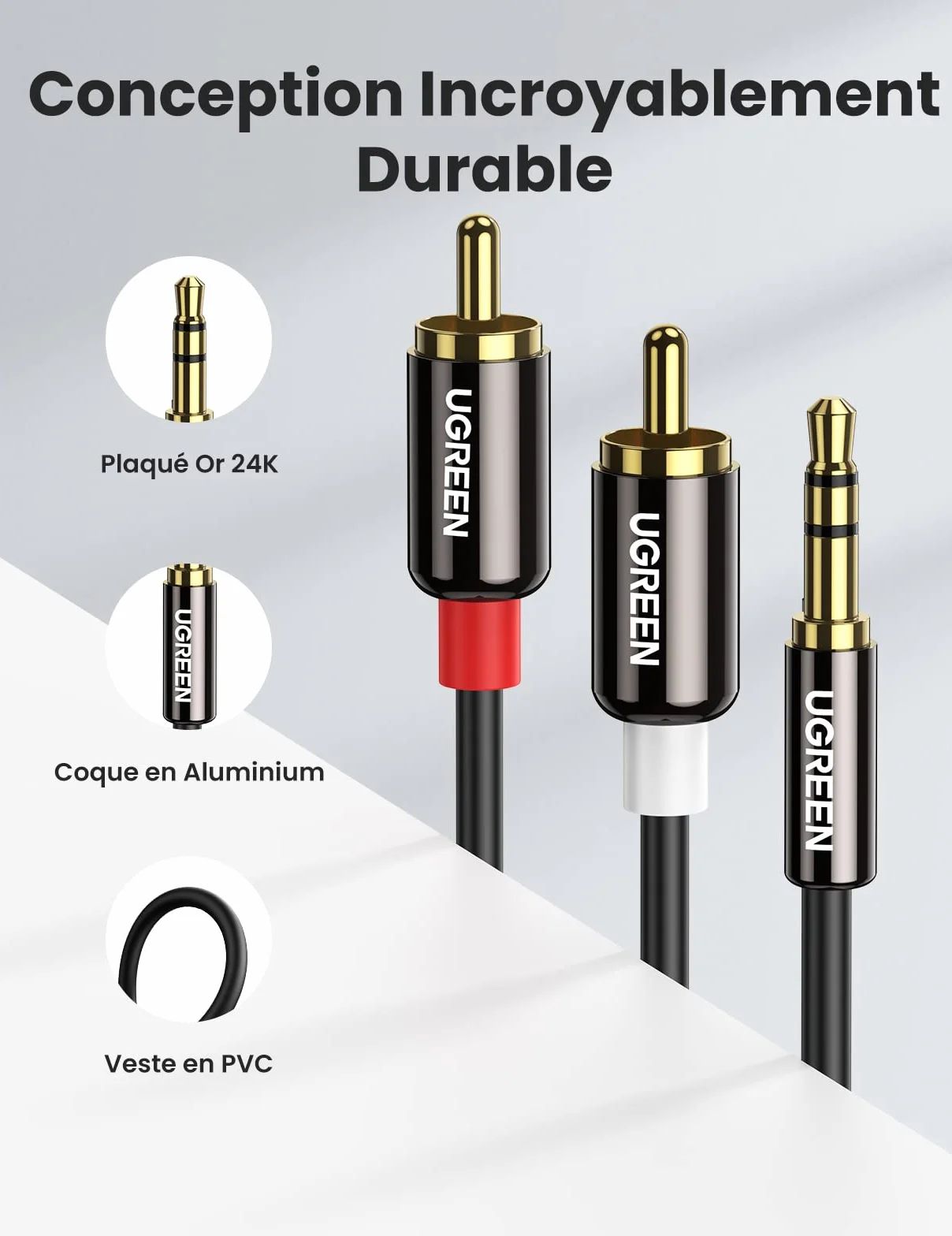 UGREEN Câble Cinch Jack 3.5mm Mâle vers 2 RCA Mâle Câble RCA Jack Audio Stéréo Compatible avec TV PC Téléphone Tablette Amplificateur Chaîne HiFi DVD Barre de Son Home Cinéma Autoradio Enceinte (2M)