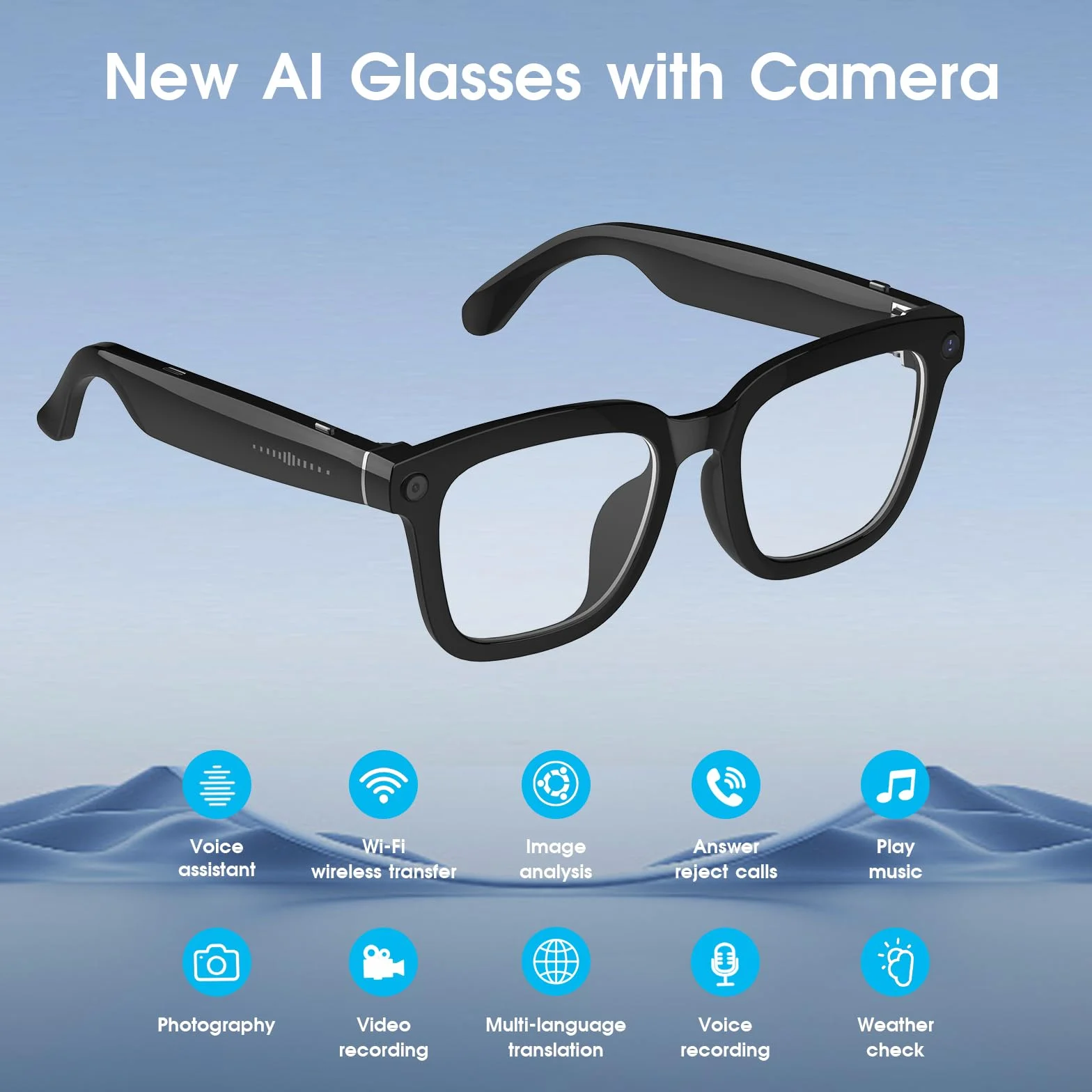 AI Smart Glasses Caméra HD 1200P avec 8 MP Anti-tremblement, lentilles photochromiques pour l'extérieur et Les Voyages, Enregistrement vidéo, Reconnaissance des Objets AI et intégration