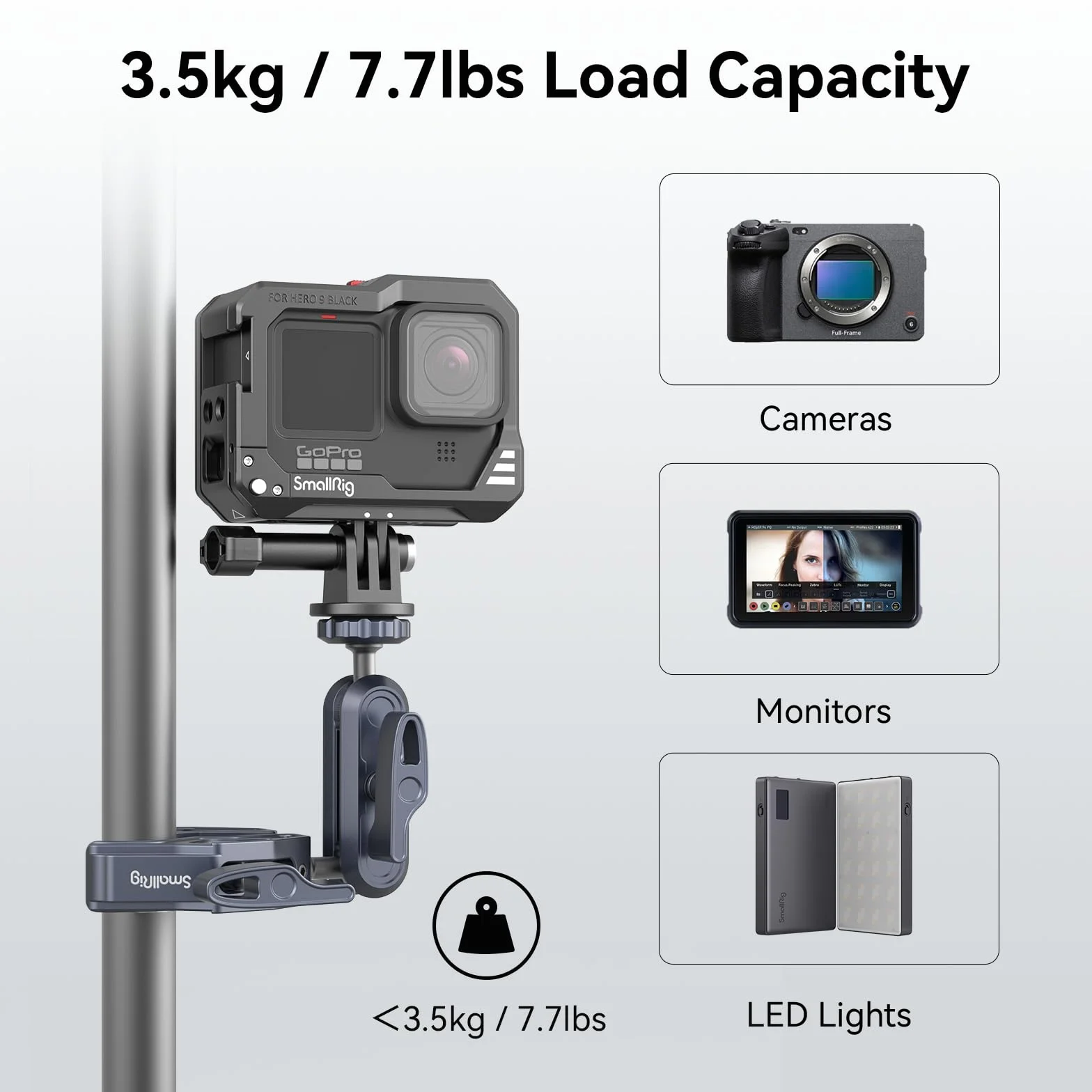 SMALLRIG Super Clamp Ballhead Magic Arm Pince de Caméra, Pince de Moniteur en Forme de Crabe avec 1/4"-20, 3/8"-16 Trous Filetés pour Caméras d'action, Moniteurs, Lumières LED, Microphones- 3757B