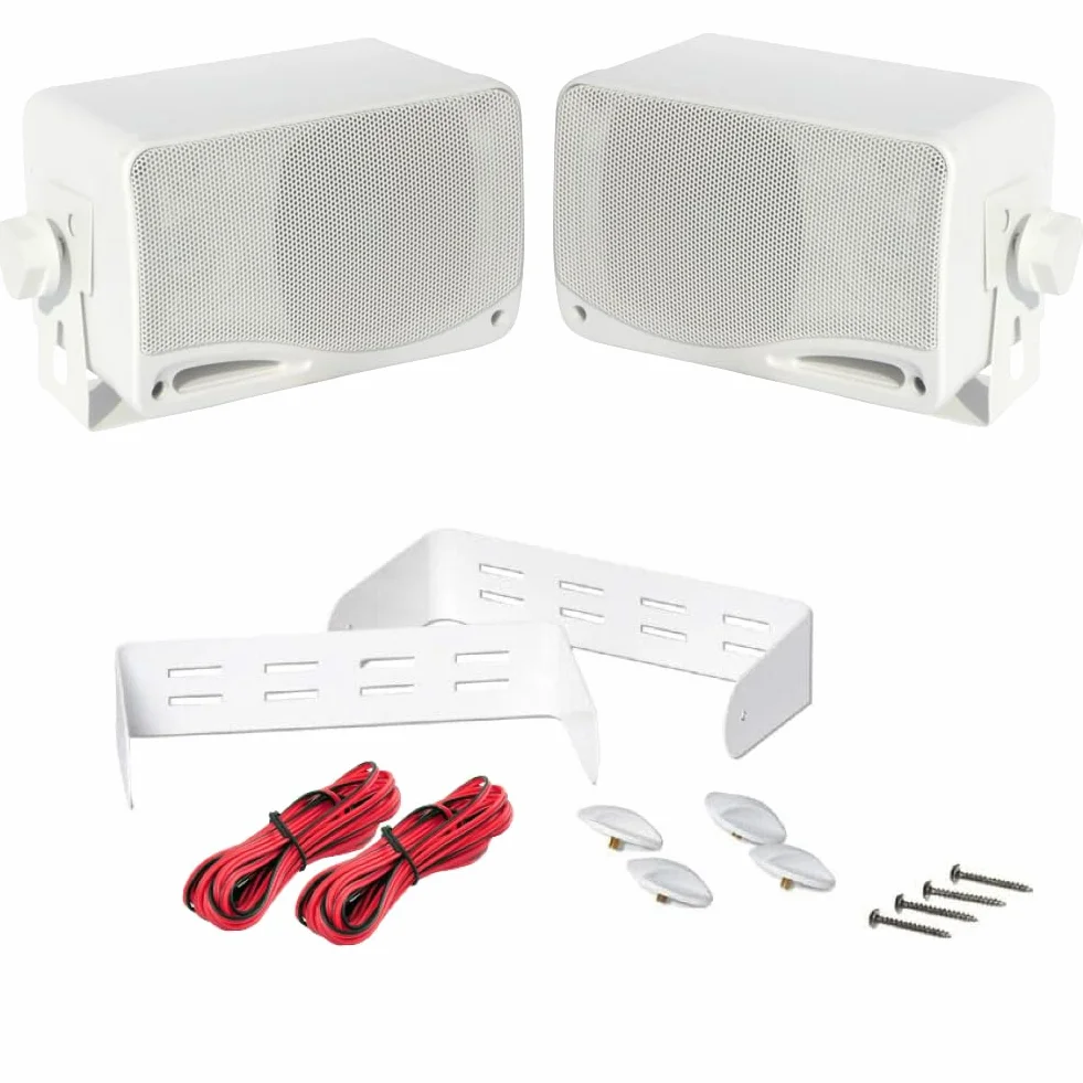 KIT Set pour Pyle PLMR24 2 Enceintes d'écoute universelles, Blanches, étanches, 200 Watts rms et 400 Watts Max, pour Plage, Bar, Restaurant, Bateau, annexe, par Paire + Supports et câbles offerts
