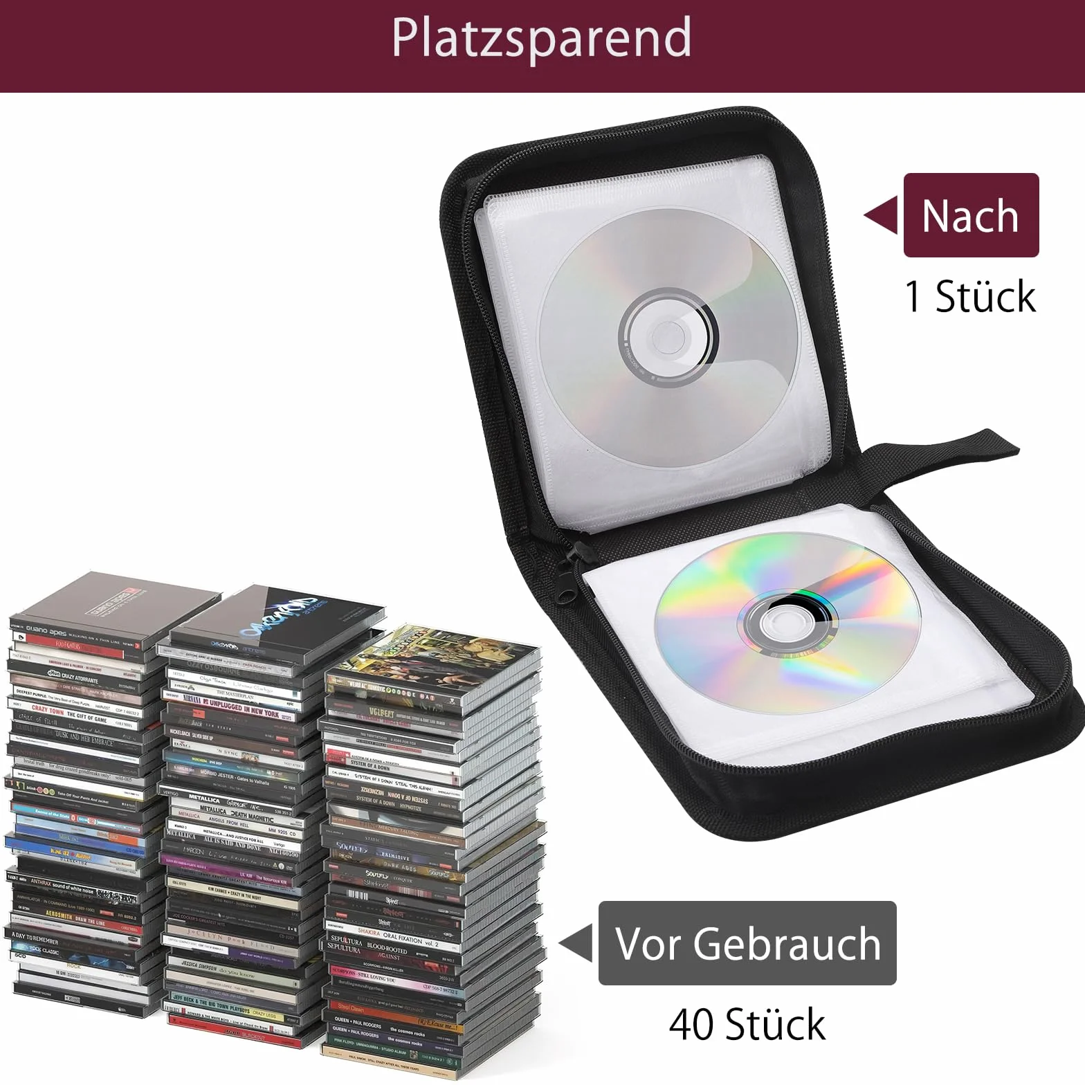 HENGBIRD 2 Pièces Pochette Range CD Pochette CD Rangements pour CD et DVD pour 40 CD, DVD Organisateur pour Voiture et Maison, Gain de Place pour Le Bureau, Le Salon et La Maison, Rouge et Noir