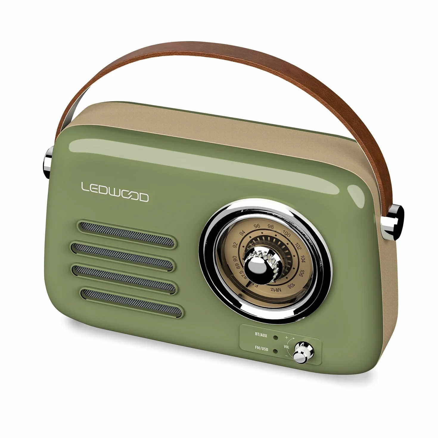 Radio Rétro Portable Ledwood Alma, FM, Bluetooth Entrée USB, Puissance 30W - Batterie 3,7V-1500mAh - Retro Vintage - Vert Olive